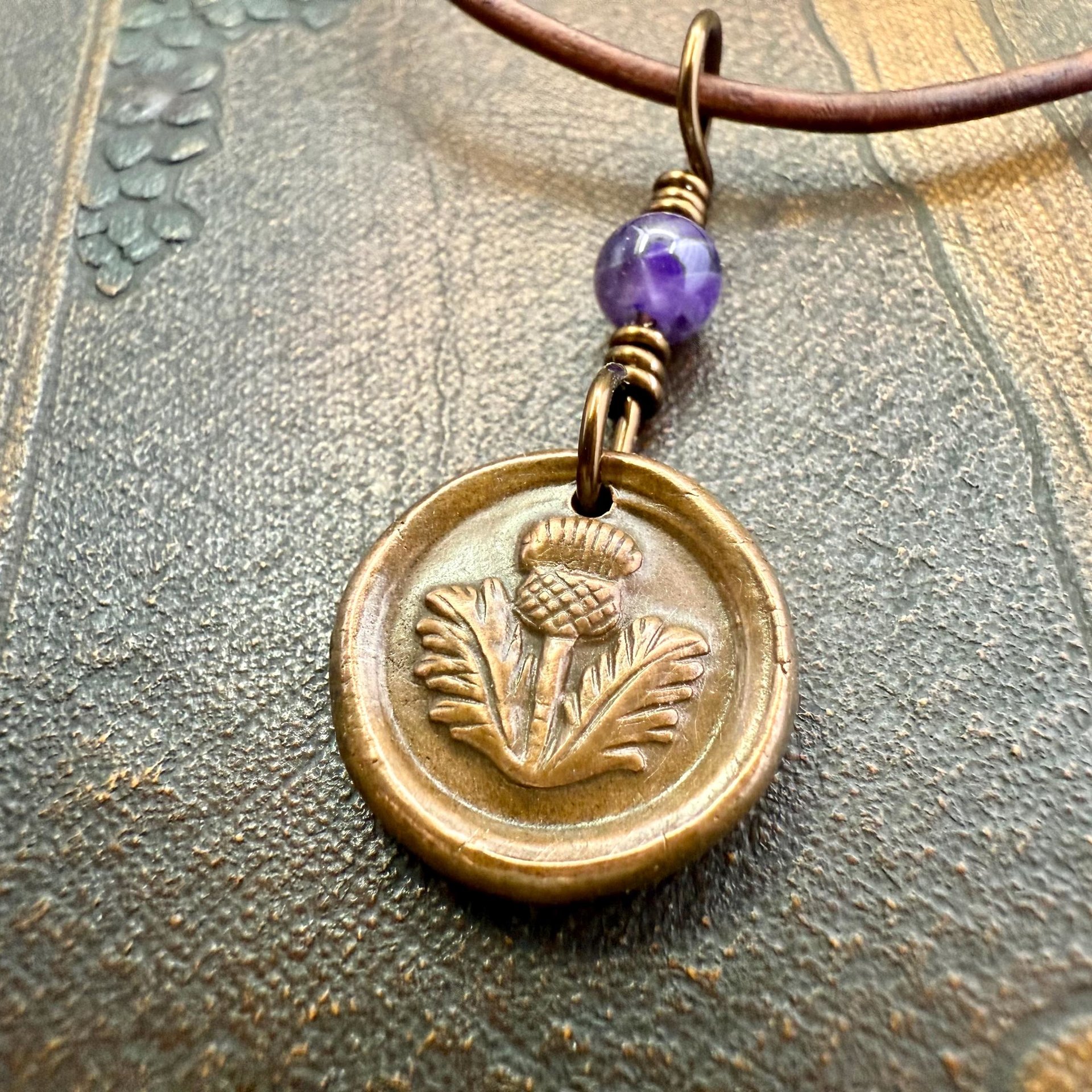 Thistle of Scotland, Copper Wax Seal Charm, Purple Amethyst, Leather & Vegan Cord, Highlander, Outlander, Scottish Gifts, Botanical Jewelry