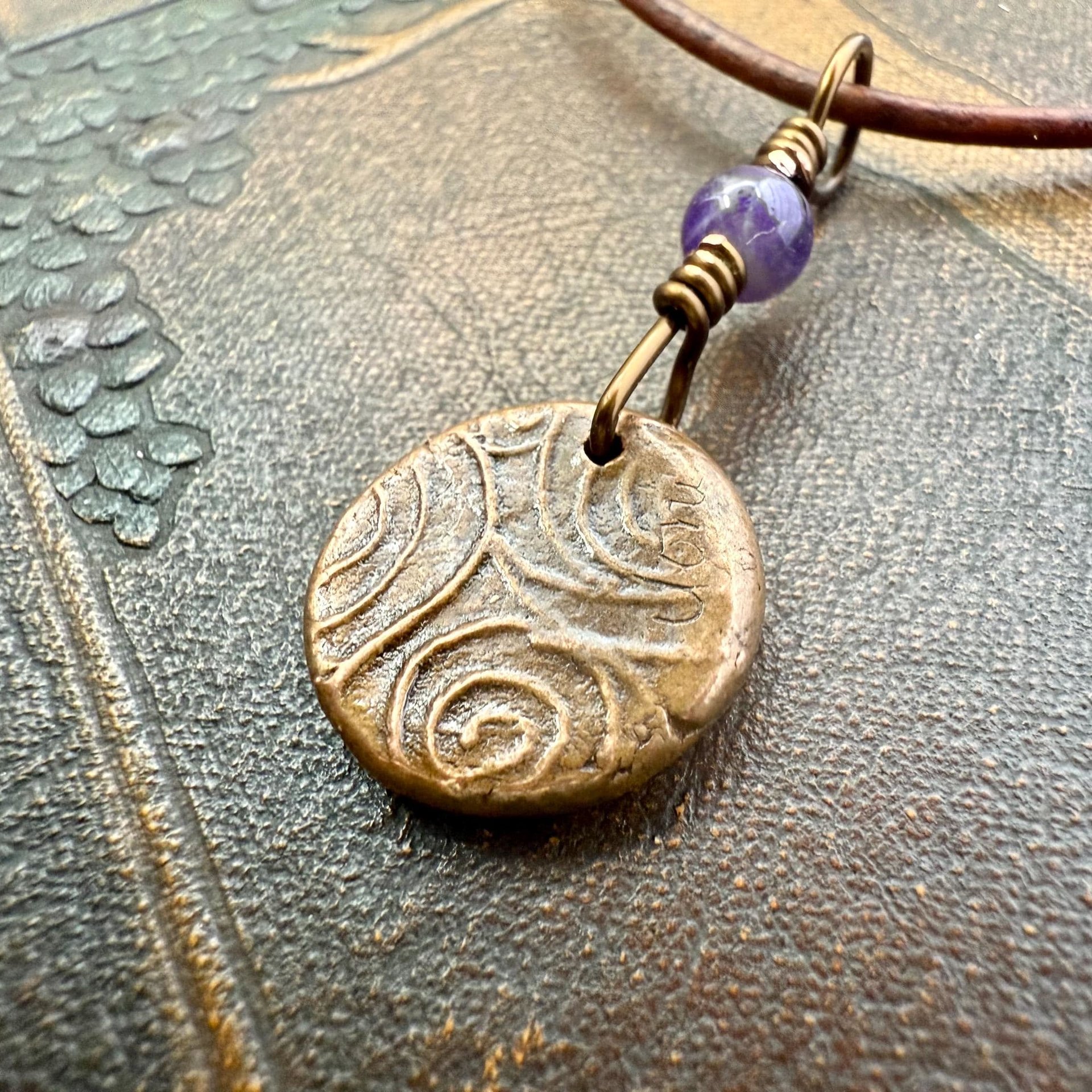 Thistle of Scotland, Copper Wax Seal Charm, Purple Amethyst, Leather & Vegan Cord, Highlander, Outlander, Scottish Gifts, Botanical Jewelry