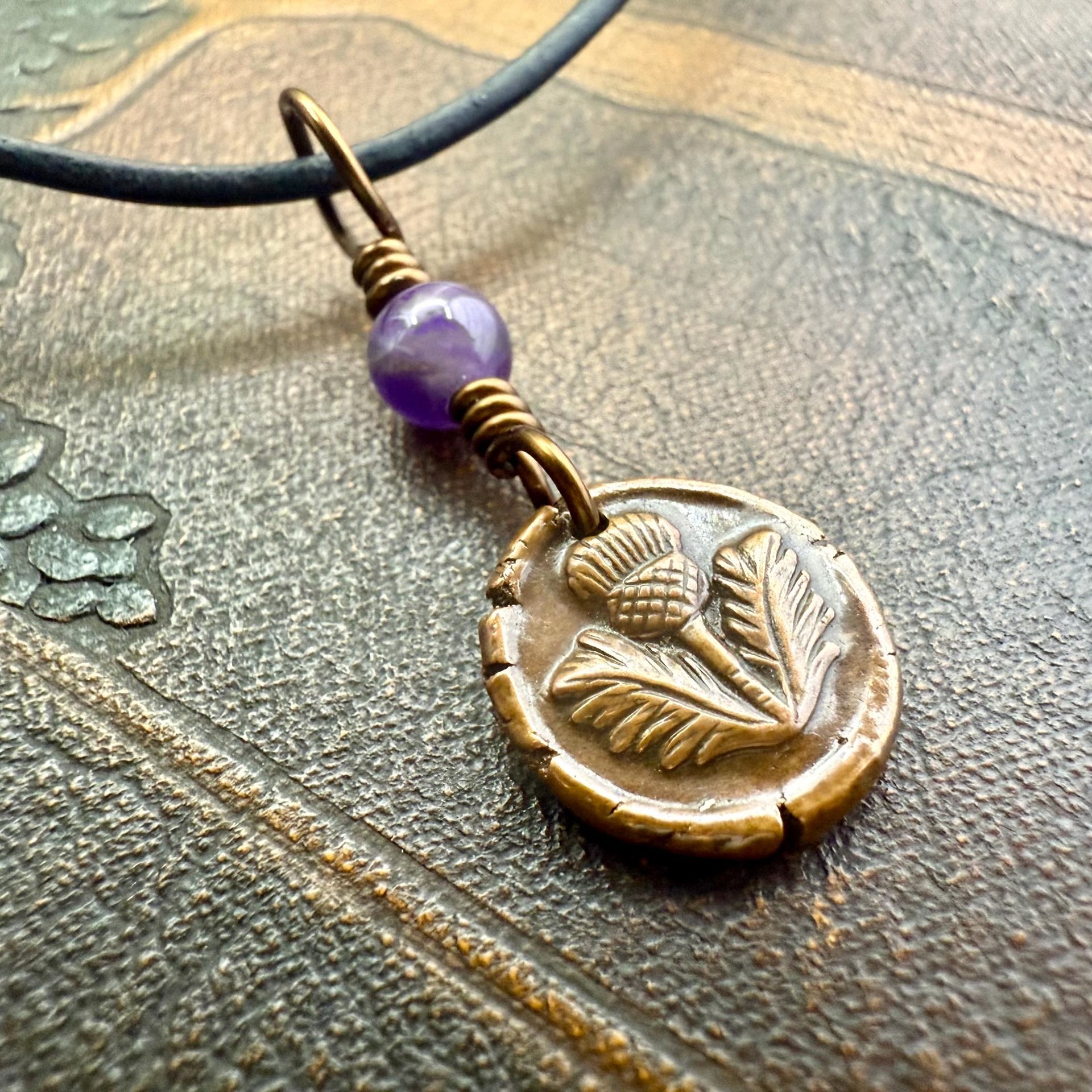 Thistle of Scotland, Copper Wax Seal Charm, Purple Amethyst, Leather & Vegan Cord, Highlander, Outlander, Scottish Gifts, Botanical Jewelry