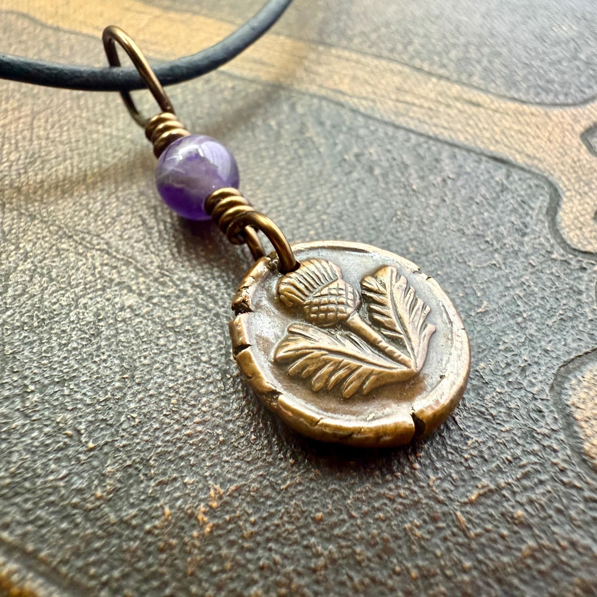 Thistle of Scotland, Copper Wax Seal Charm, Purple Amethyst, Leather & Vegan Cord, Highlander, Outlander, Scottish Gifts, Botanical Jewelry