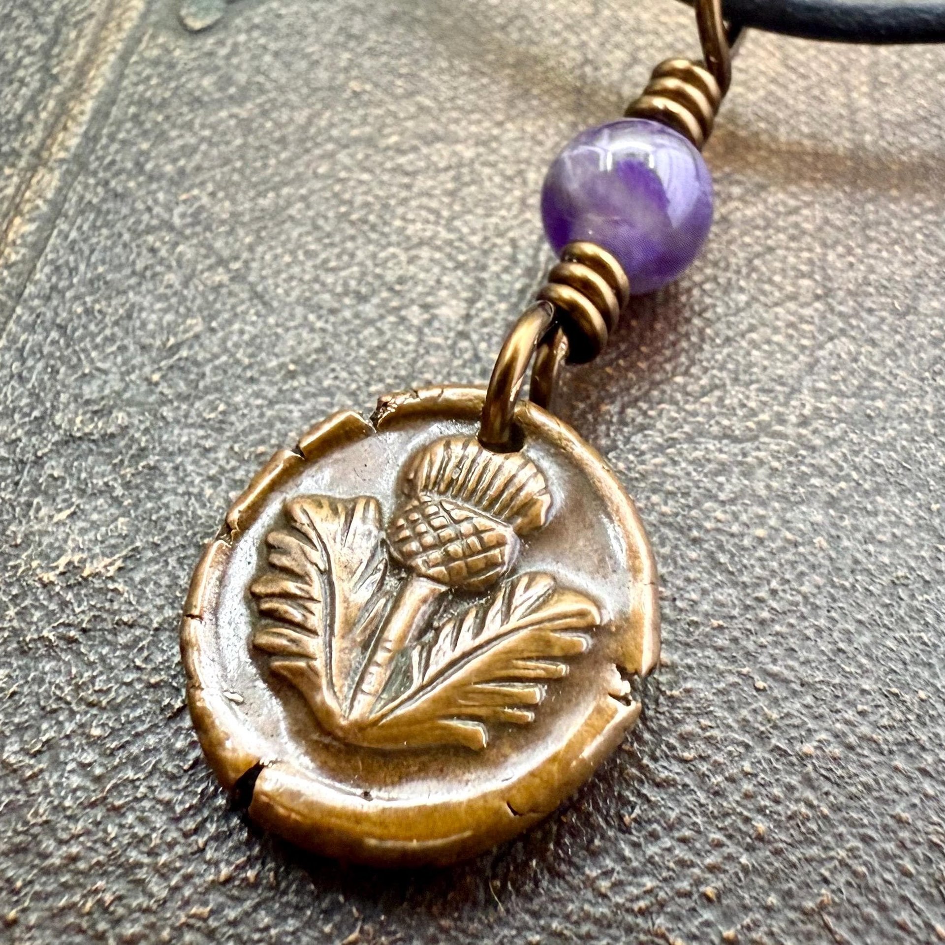 Thistle of Scotland, Copper Wax Seal Charm, Purple Amethyst, Leather & Vegan Cord, Highlander, Outlander, Scottish Gifts, Botanical Jewelry