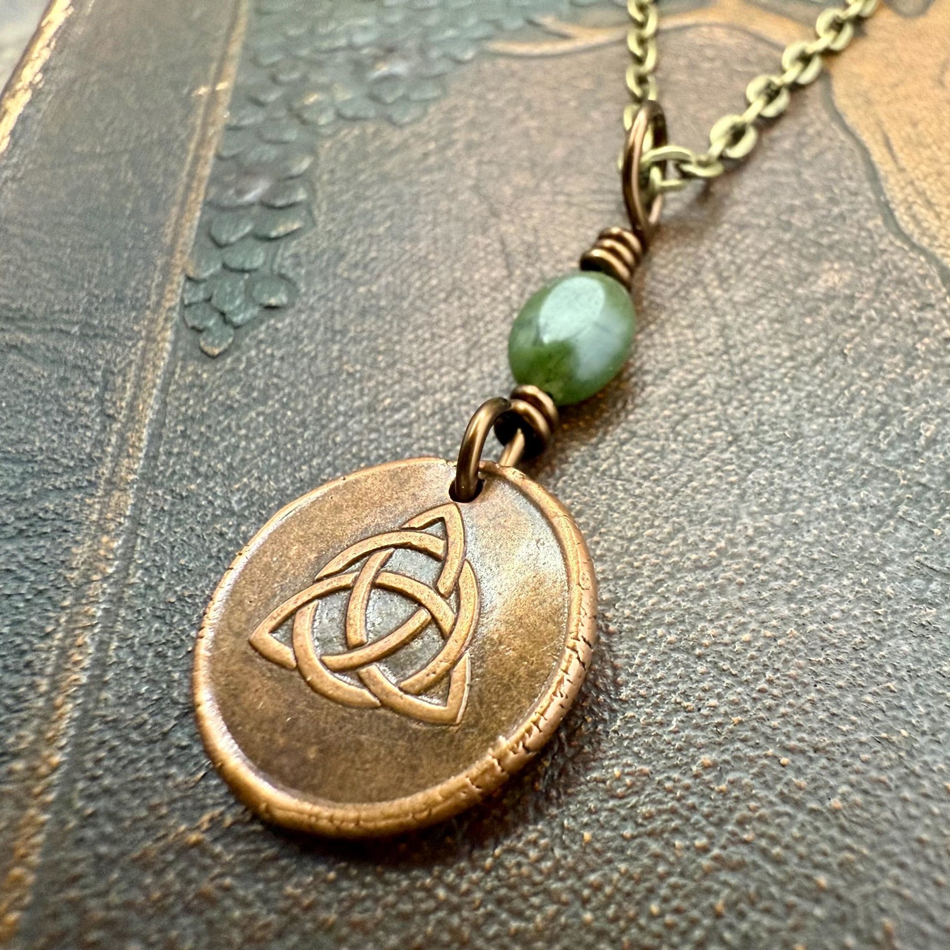 Copper Trinity Knot, Triquetra, Wax Seal Charm, Connemara Marble, Irish Celtic Jewelry, Pagan, 7th Anniversary, Triple Goddess, Celtic Witch