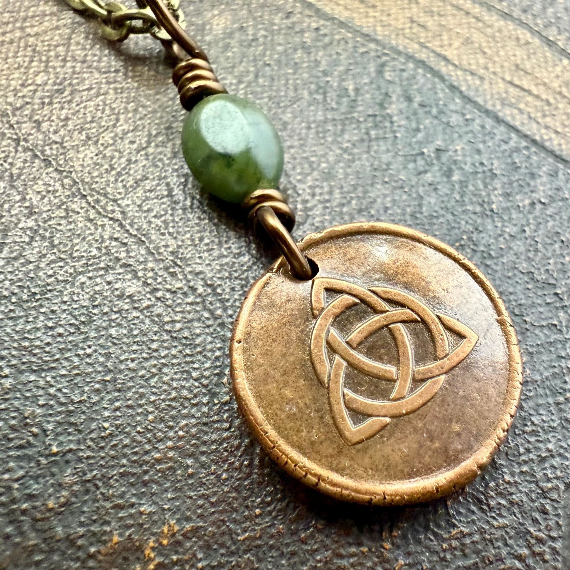 Copper Trinity Knot, Triquetra, Wax Seal Charm, Connemara Marble, Irish Celtic Jewelry, Pagan, 7th Anniversary, Triple Goddess, Celtic Witch