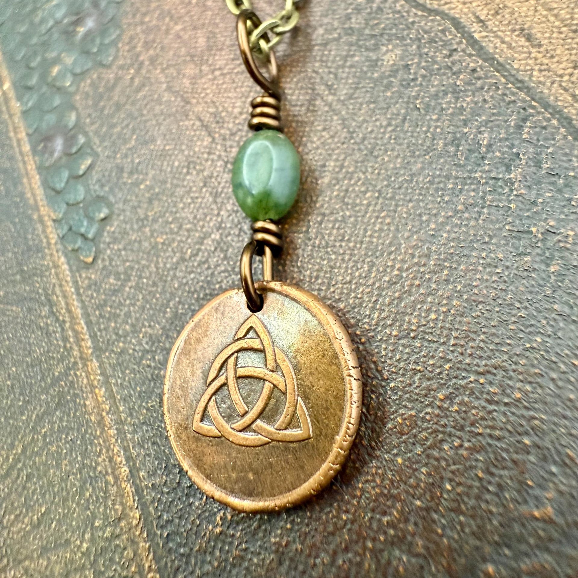 Copper Trinity Knot, Triquetra, Wax Seal Charm, Connemara Marble, Irish Celtic Jewelry, Pagan, 7th Anniversary, Triple Goddess, Celtic Witch