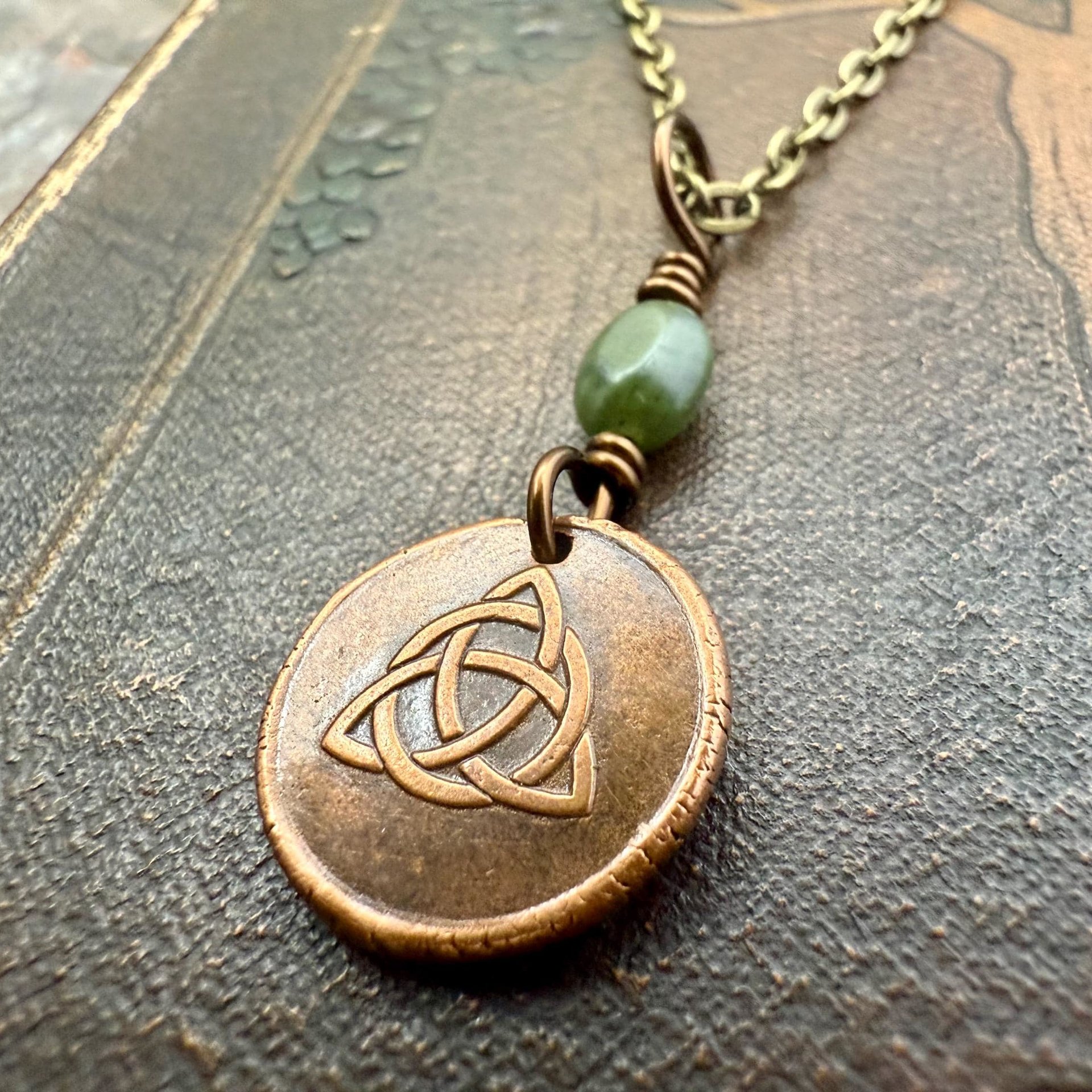 Copper Trinity Knot, Triquetra, Wax Seal Charm, Connemara Marble, Irish Celtic Jewelry, Pagan, 7th Anniversary, Triple Goddess, Celtic Witch