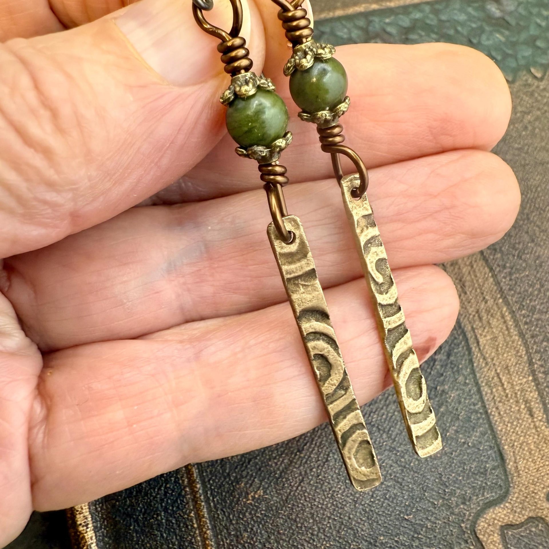 Dangle Stick Earrings, Bronze Spirals, Connemara Marble Beads, Irish Celtic Jewelry, Long Skinny, Hypoallergenic Ear Wires, Earthy Rustic