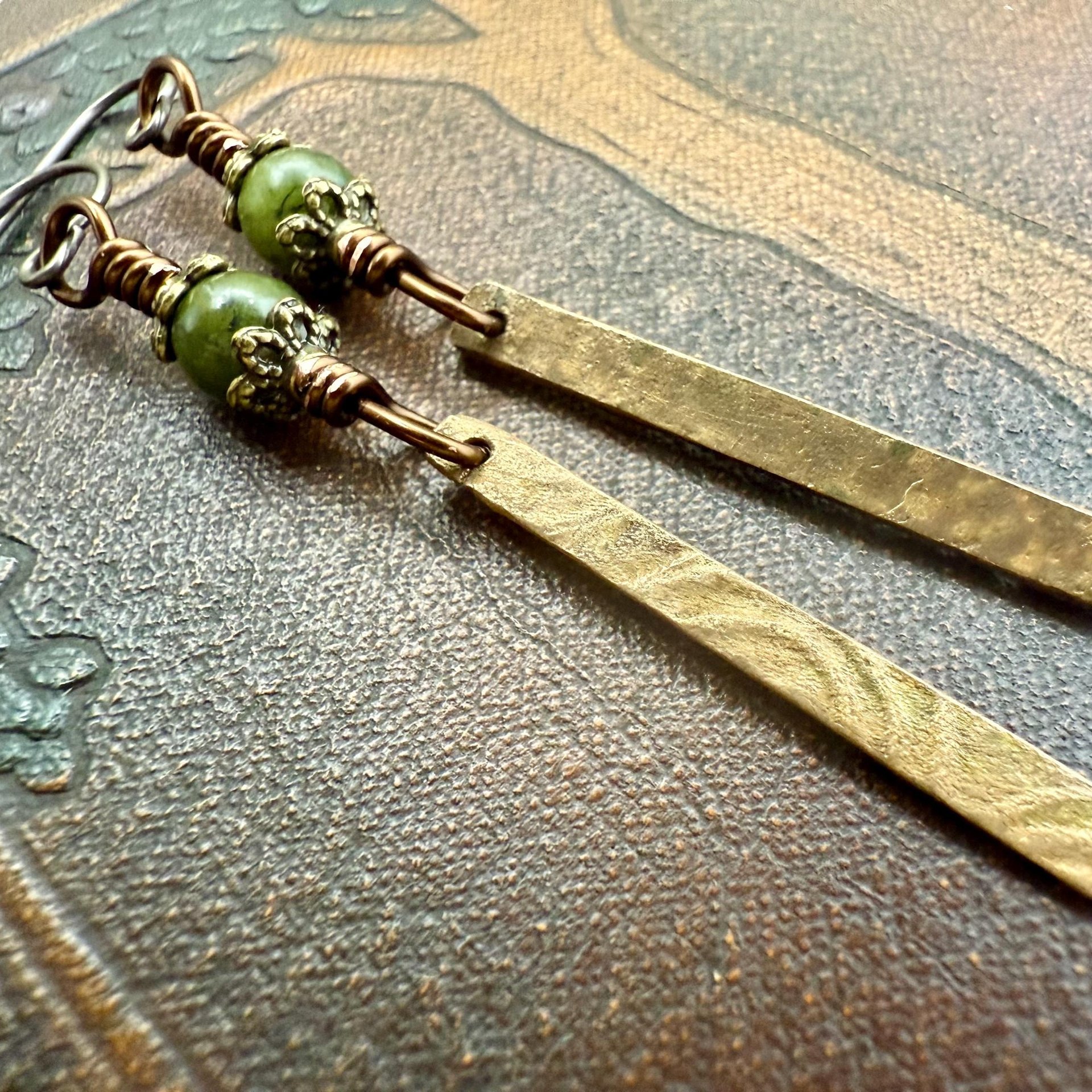 Dangle Stick Earrings, Bronze Spirals, Connemara Marble Beads, Irish Celtic Jewelry, Long Skinny, Hypoallergenic Ear Wires, Earthy Rustic