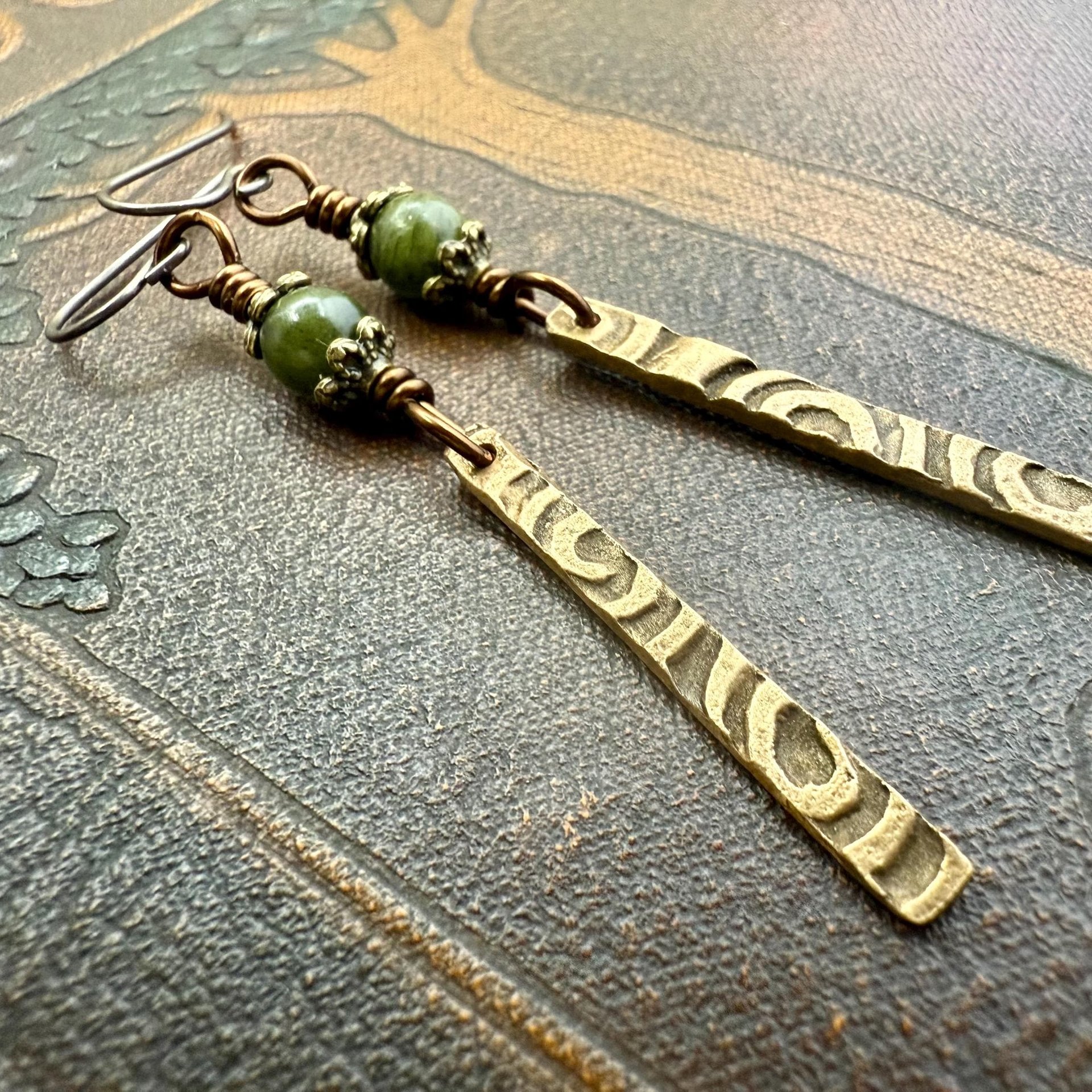 Dangle Stick Earrings, Bronze Spirals, Connemara Marble Beads, Irish Celtic Jewelry, Long Skinny, Hypoallergenic Ear Wires, Earthy Rustic