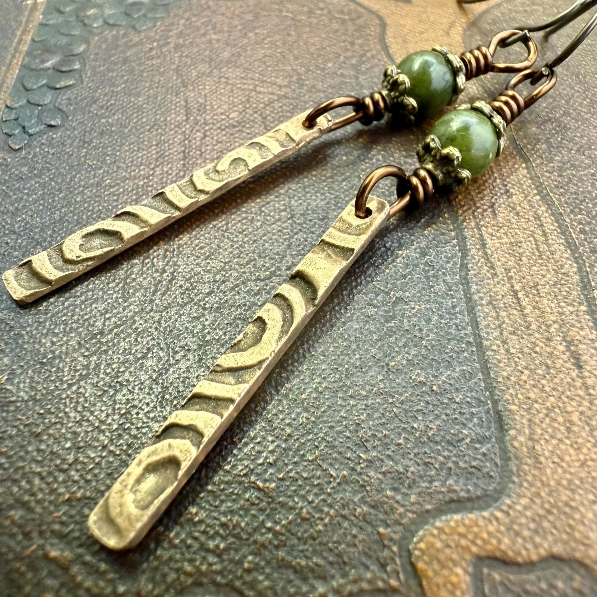 Dangle Stick Earrings, Bronze Spirals, Connemara Marble Beads, Irish Celtic Jewelry, Long Skinny, Hypoallergenic Ear Wires, Earthy Rustic