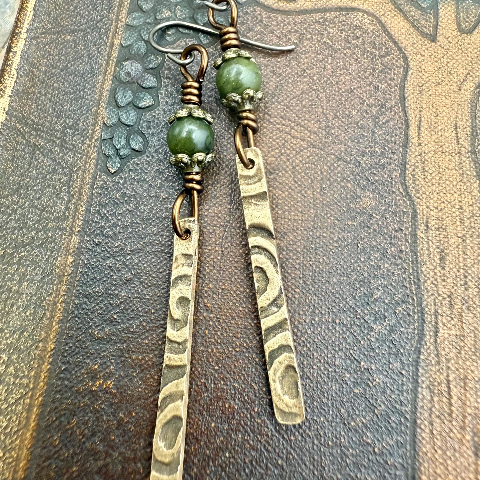 Dangle Stick Earrings, Bronze Spirals, Connemara Marble Beads, Irish Celtic Jewelry, Long Skinny, Hypoallergenic Ear Wires, Earthy Rustic