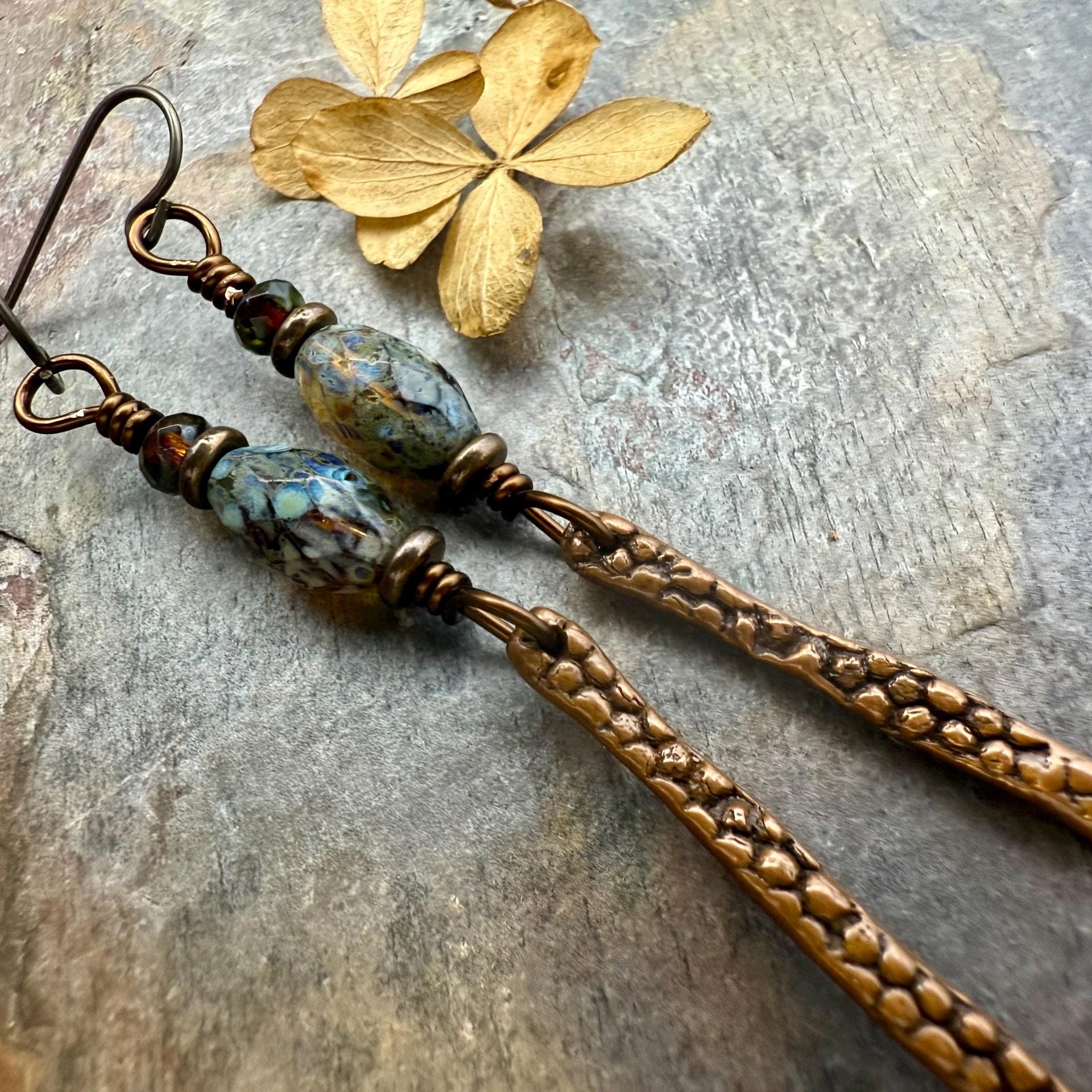 Copper Dangle Drop Earrings, Coral Fossil Texture, Czech Glass Beads, Hypoallergenic Niobium Ear Wires, Earthy Primitive, Door County WI