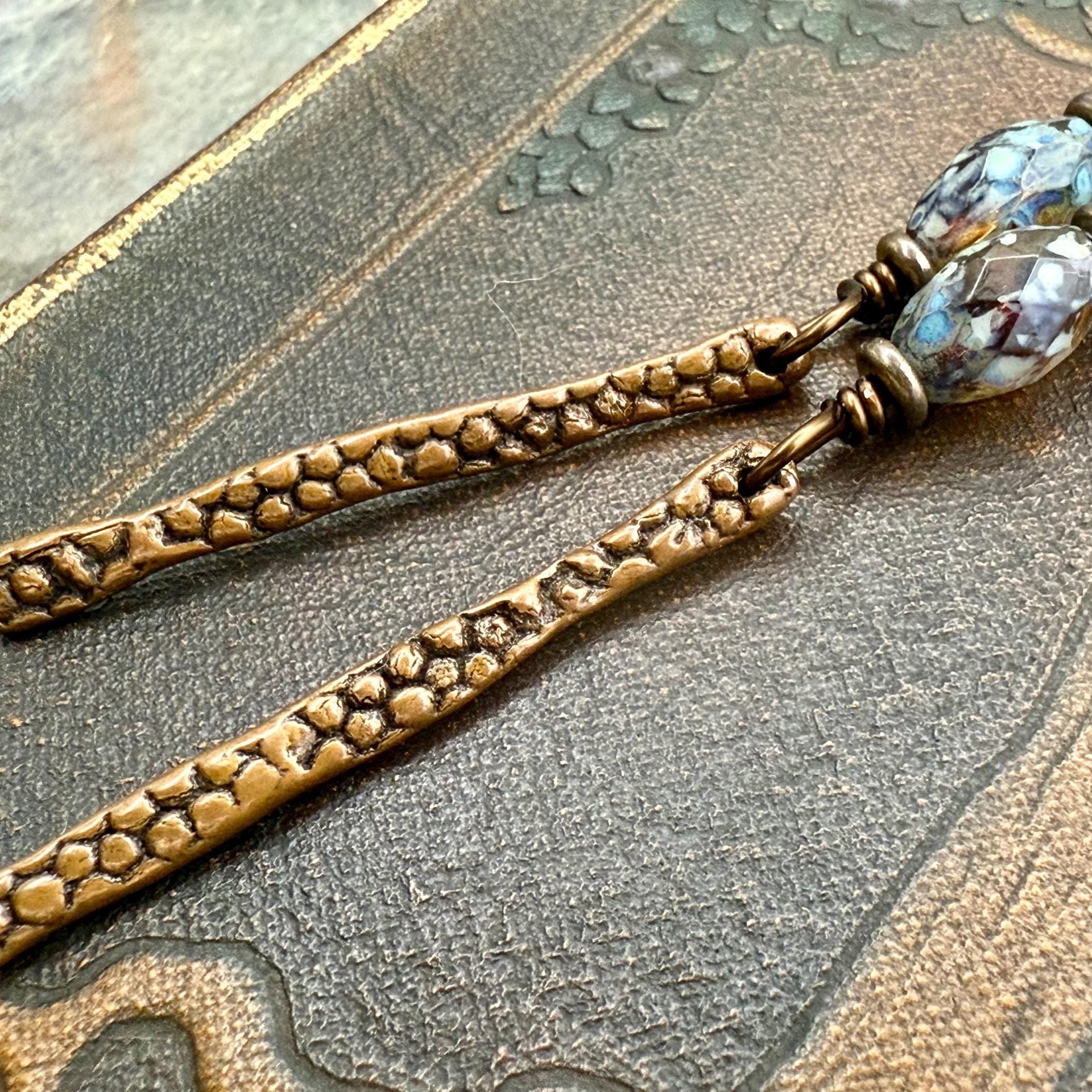 Copper Dangle Drop Earrings, Coral Fossil Texture, Czech Glass Beads, Hypoallergenic Niobium Ear Wires, Earthy Primitive, Door County WI