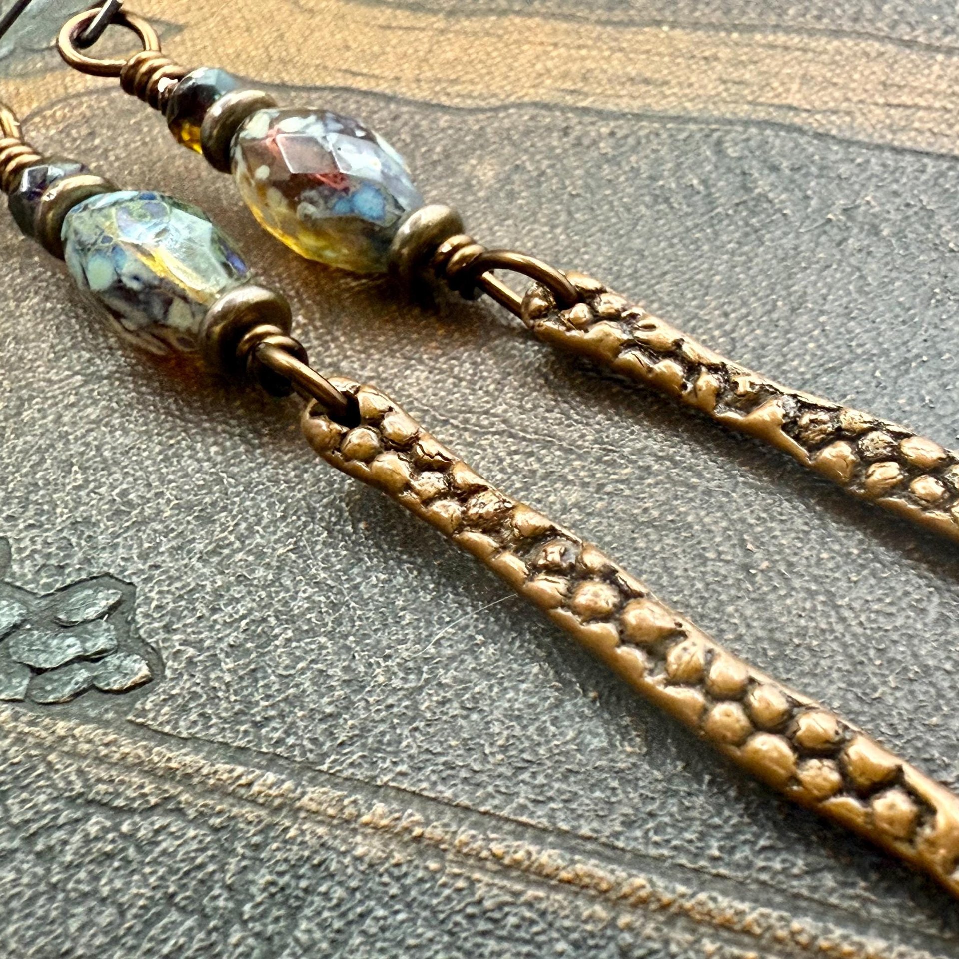 Copper Dangle Drop Earrings, Coral Fossil Texture, Czech Glass Beads, Hypoallergenic Niobium Ear Wires, Earthy Primitive, Door County WI