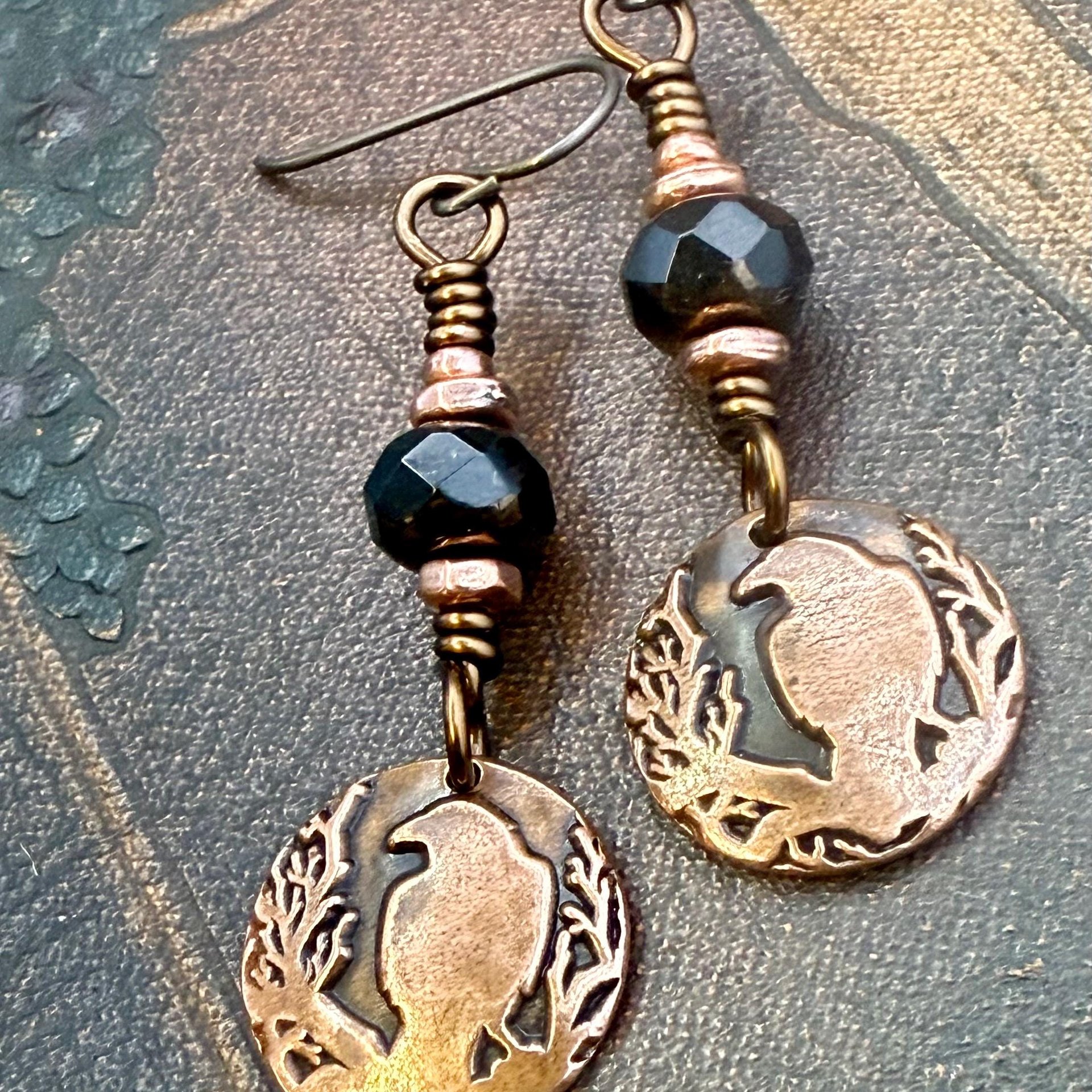Raven Copper Earrings, Irish Celtic Jewelry, Odin's Ravens, Pagan Wiccan, Celtic Witch Goddess, Crow Corvid, Hypoallergenic Ear Wires