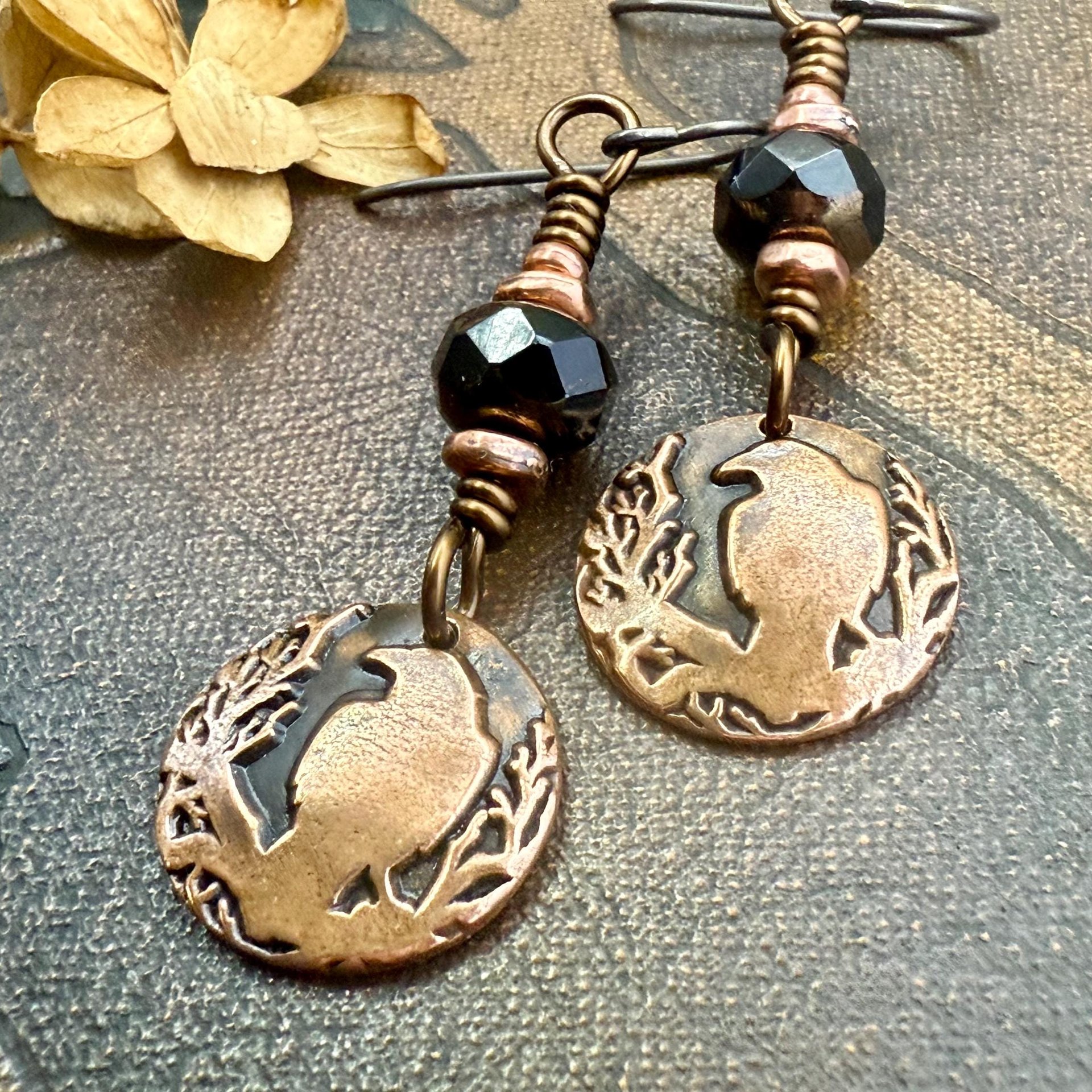 Raven Copper Earrings, Irish Celtic Jewelry, Odin's Ravens, Pagan Wiccan, Celtic Witch Goddess, Crow Corvid, Hypoallergenic Ear Wires
