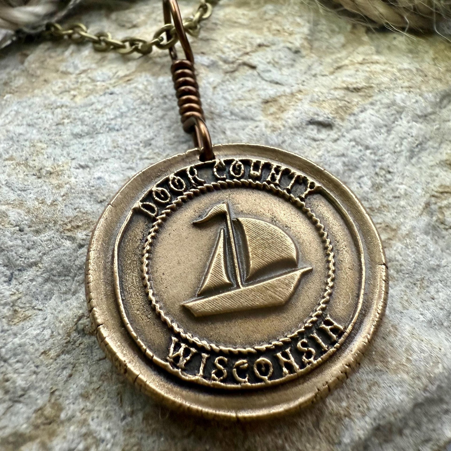 Door County Wisconsin, Sailboat Charm, Bronze Pendant, Celtic Spirals, Nautical Sailing, Protection Guidance Talisman, Great Lakes, Journey