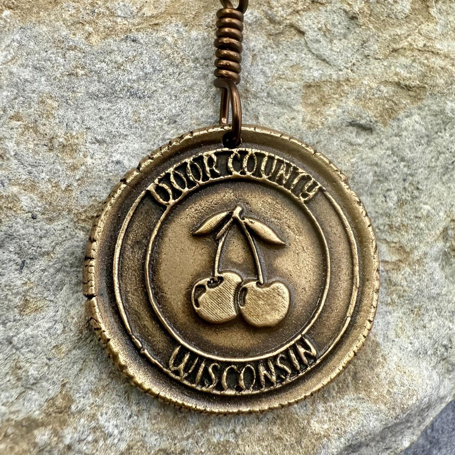 Door County Wisconsin, Cherries Charm, Bronze Pendant, Celtic Spirals,