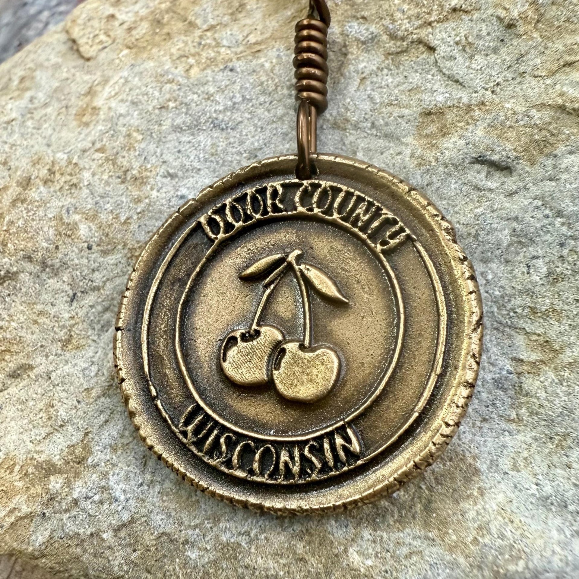 Door County Wisconsin, Cherries Charm, Bronze Pendant, Celtic Spirals,