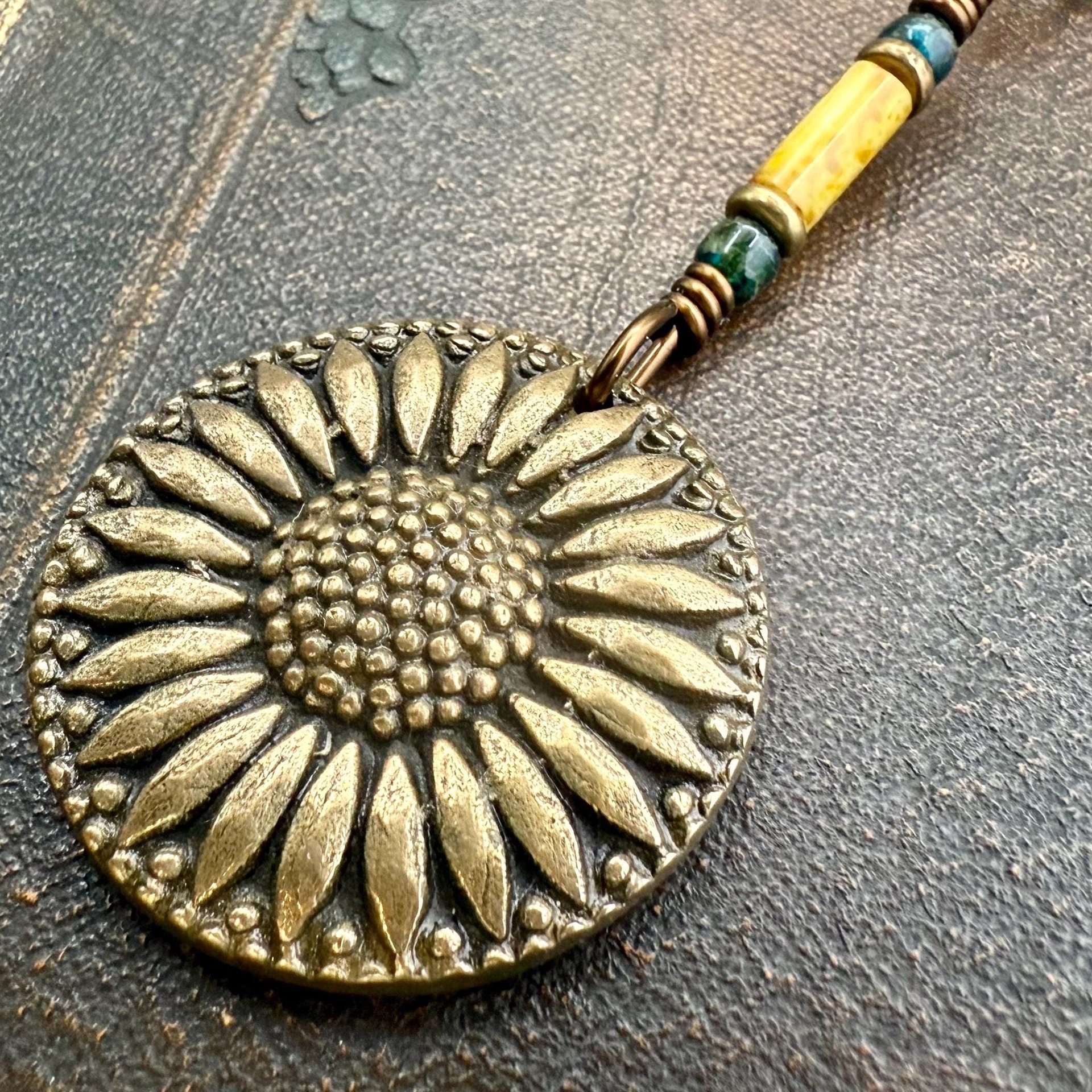 Sunflower Pendant, Bronze Jewelry, Ukraine Sunflower Necklace, Botanical Pendant, Green Witch, Leather & Vegan Cords, Handmade Earthy Gifts