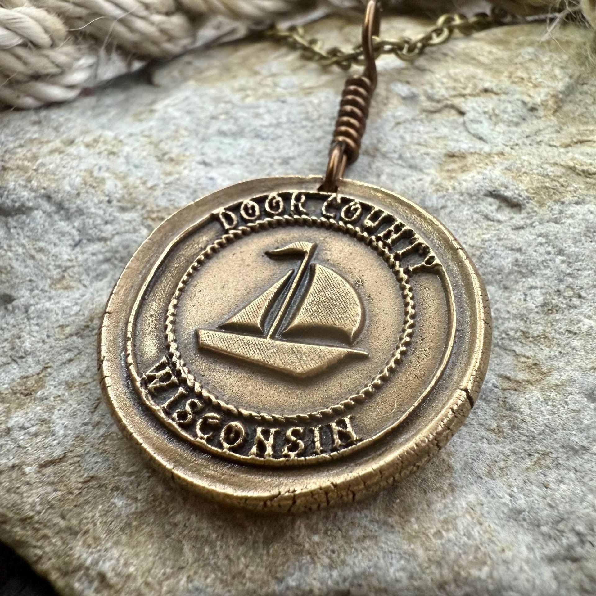 Door County Wisconsin, Sailboat Charm, Bronze Pendant, Celtic Spirals, Nautical Sailing, Protection Guidance Talisman, Great Lakes, Journey