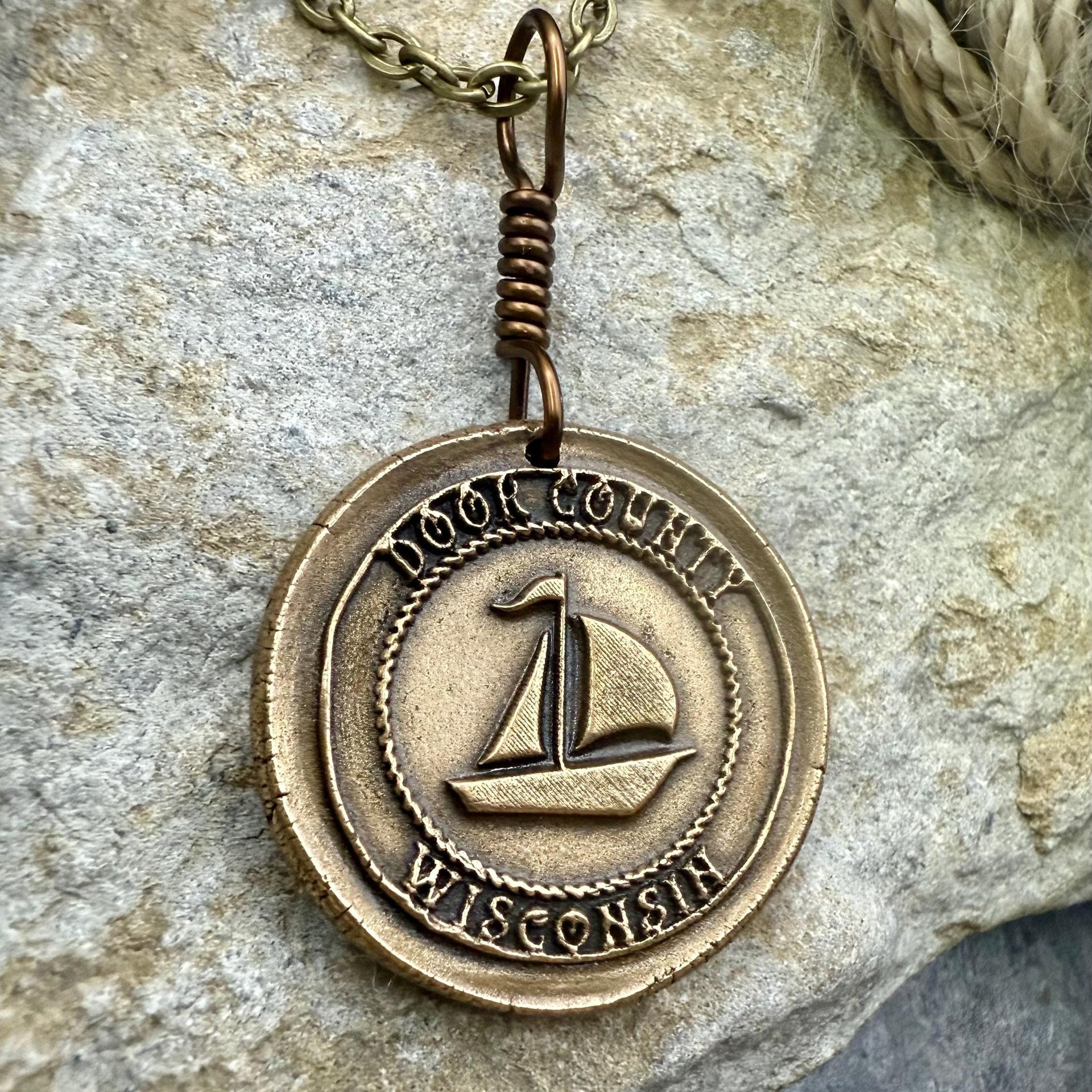 Door County Wisconsin, Sailboat Charm, Bronze Pendant, Celtic Spirals, Nautical Sailing, Protection Guidance Talisman, Great Lakes, Journey
