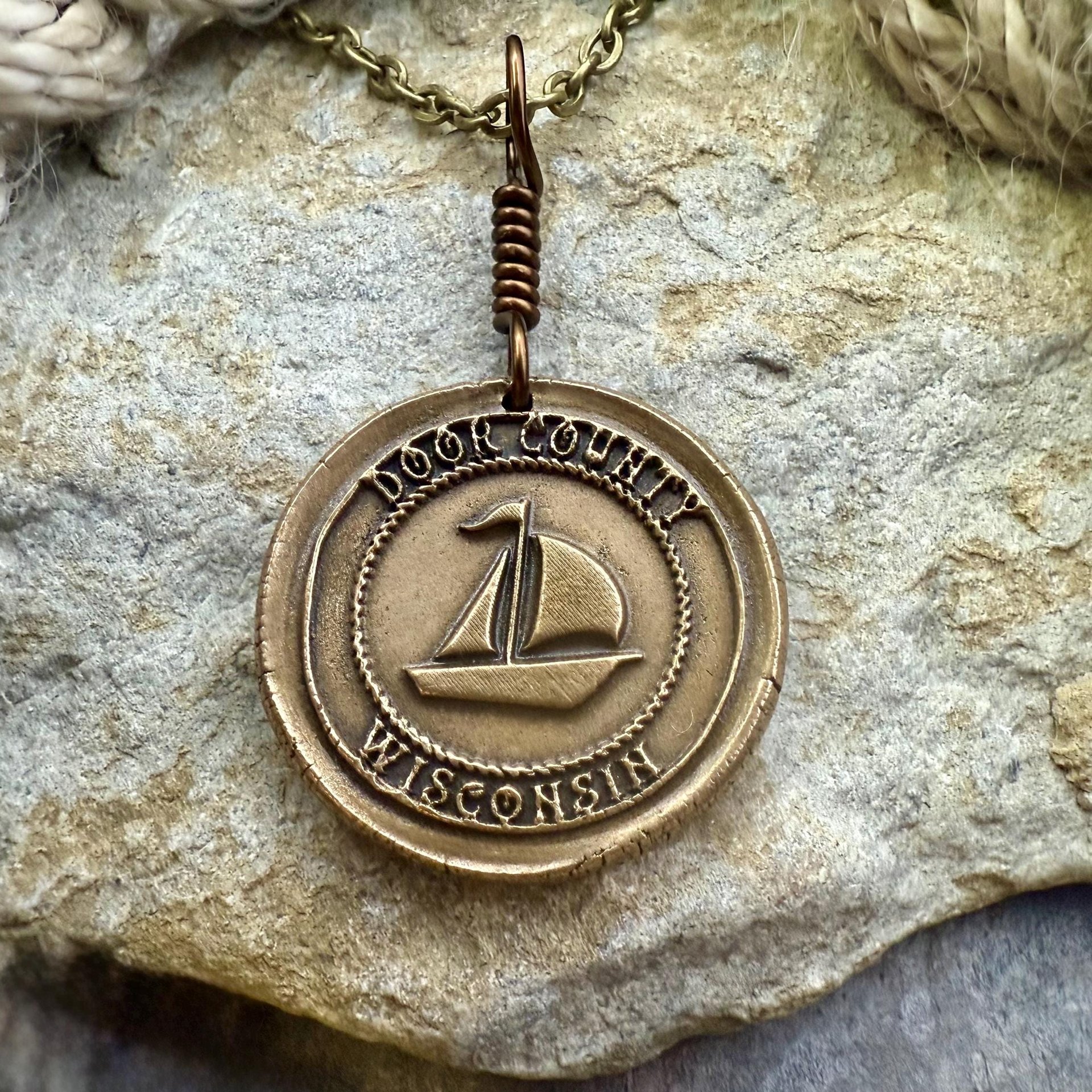 Door County Wisconsin, Sailboat Charm, Bronze Pendant, Celtic Spirals, Nautical Sailing, Protection Guidance Talisman, Great Lakes, Journey