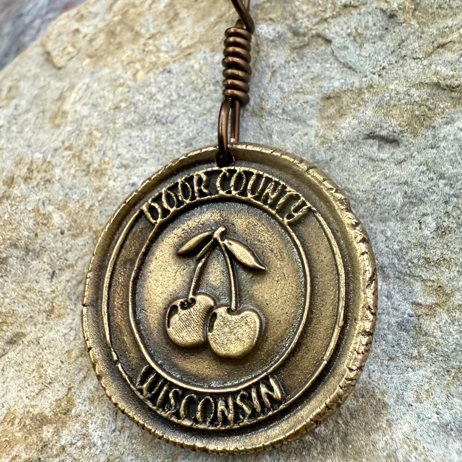 Door County Wisconsin, Cherries Charm, Bronze Pendant, Celtic Spirals,