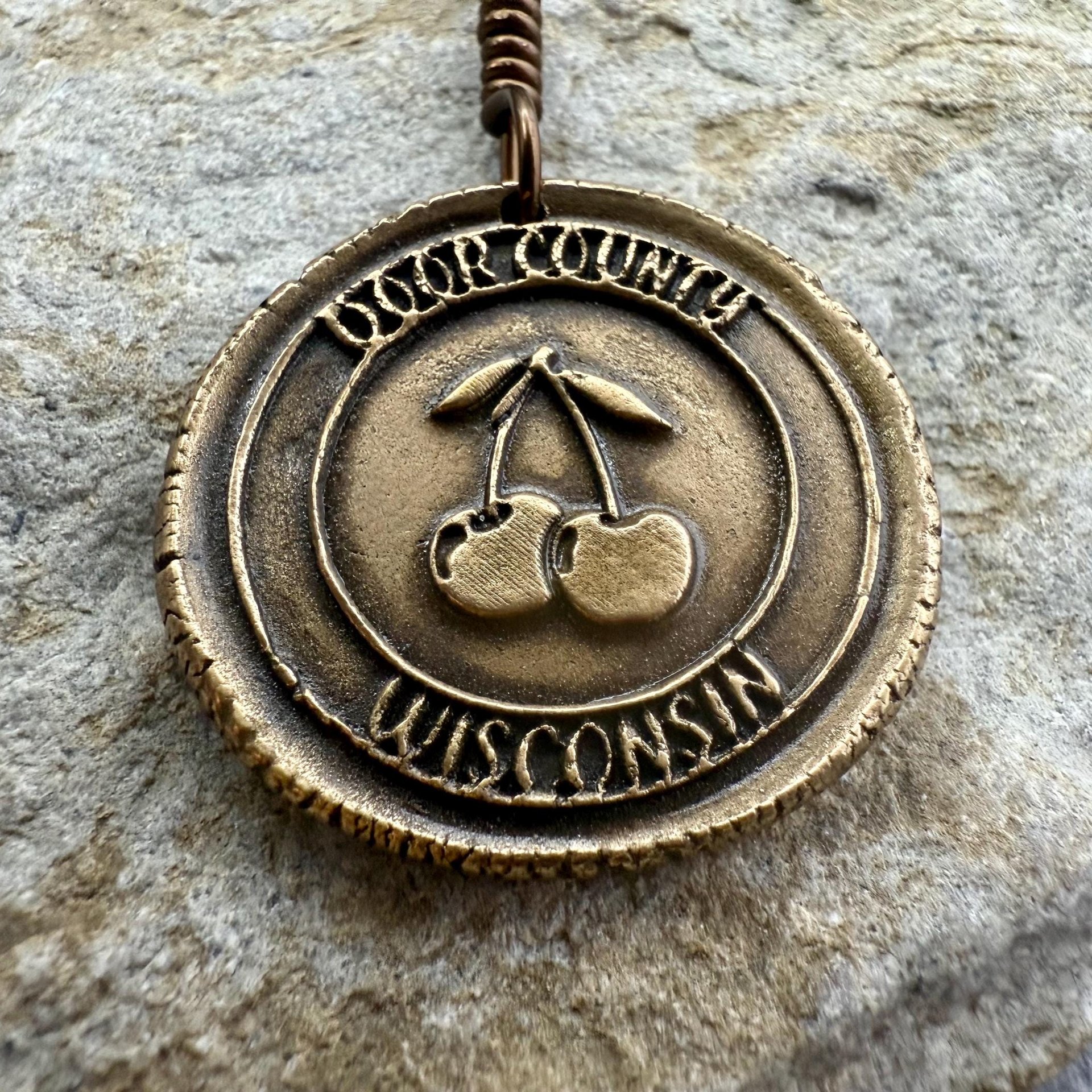 Door County Wisconsin, Cherries Charm, Bronze Pendant, Celtic Spirals,