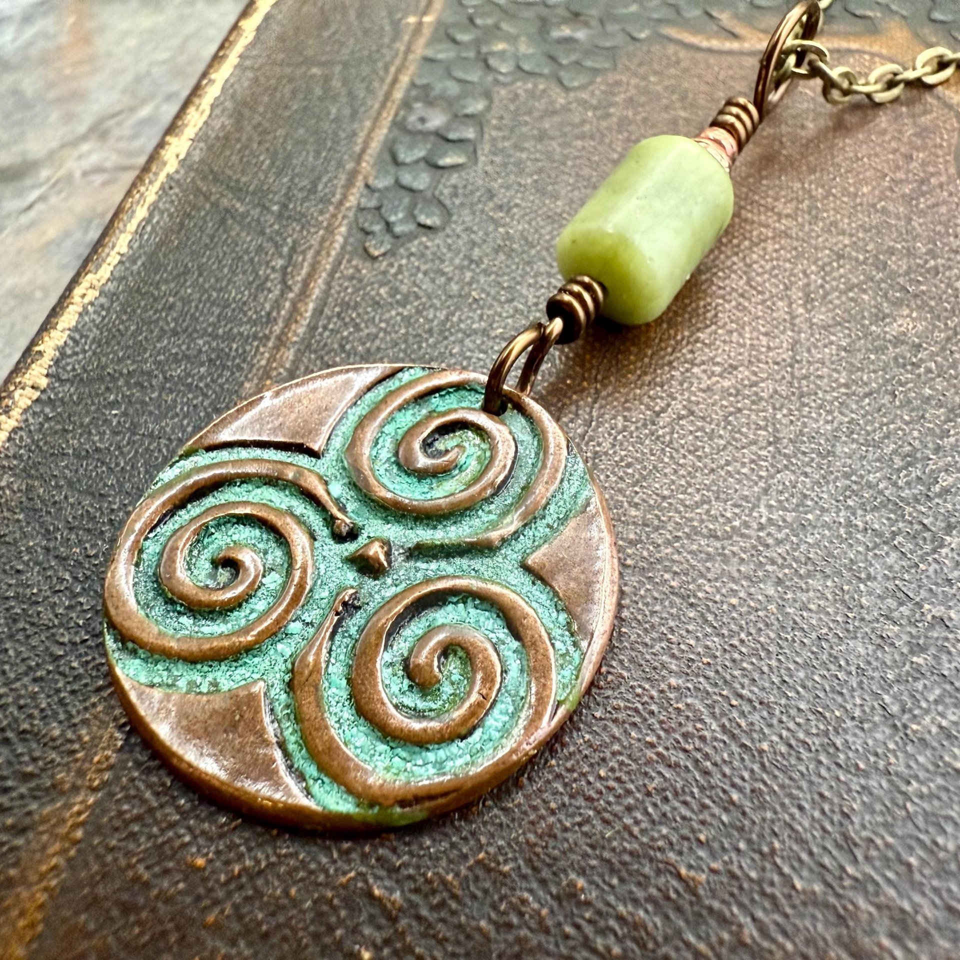 Triskele Copper Pendant, Verdigris Patina, Hand Carved, Connemara Marble, Triskelion Triple Spiral, Irish Celtic Pagan, Newgrange Ireland