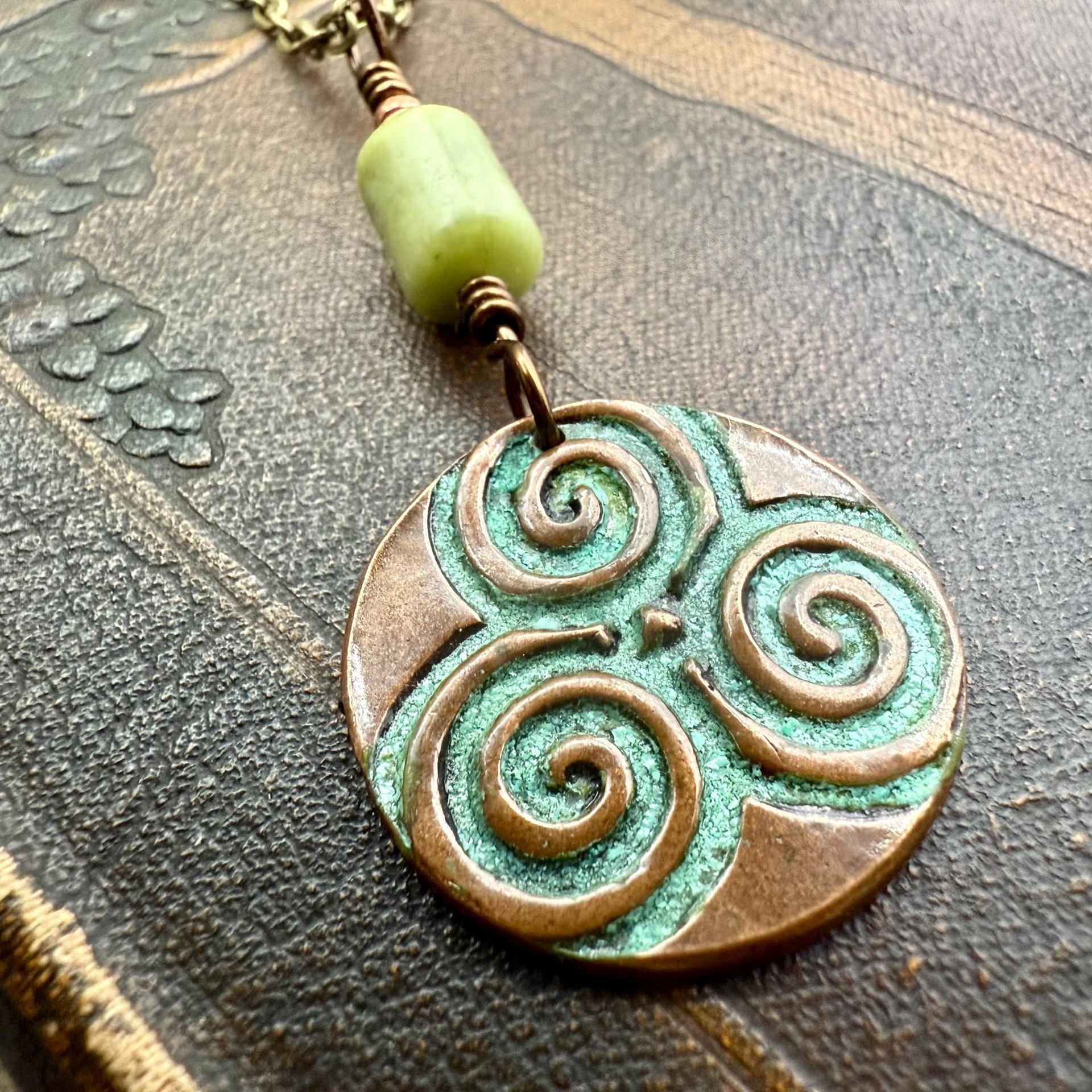 Triskele Copper Pendant, Verdigris Patina, Hand Carved, Connemara Marble, Triskelion Triple Spiral, Irish Celtic Pagan, Newgrange Ireland