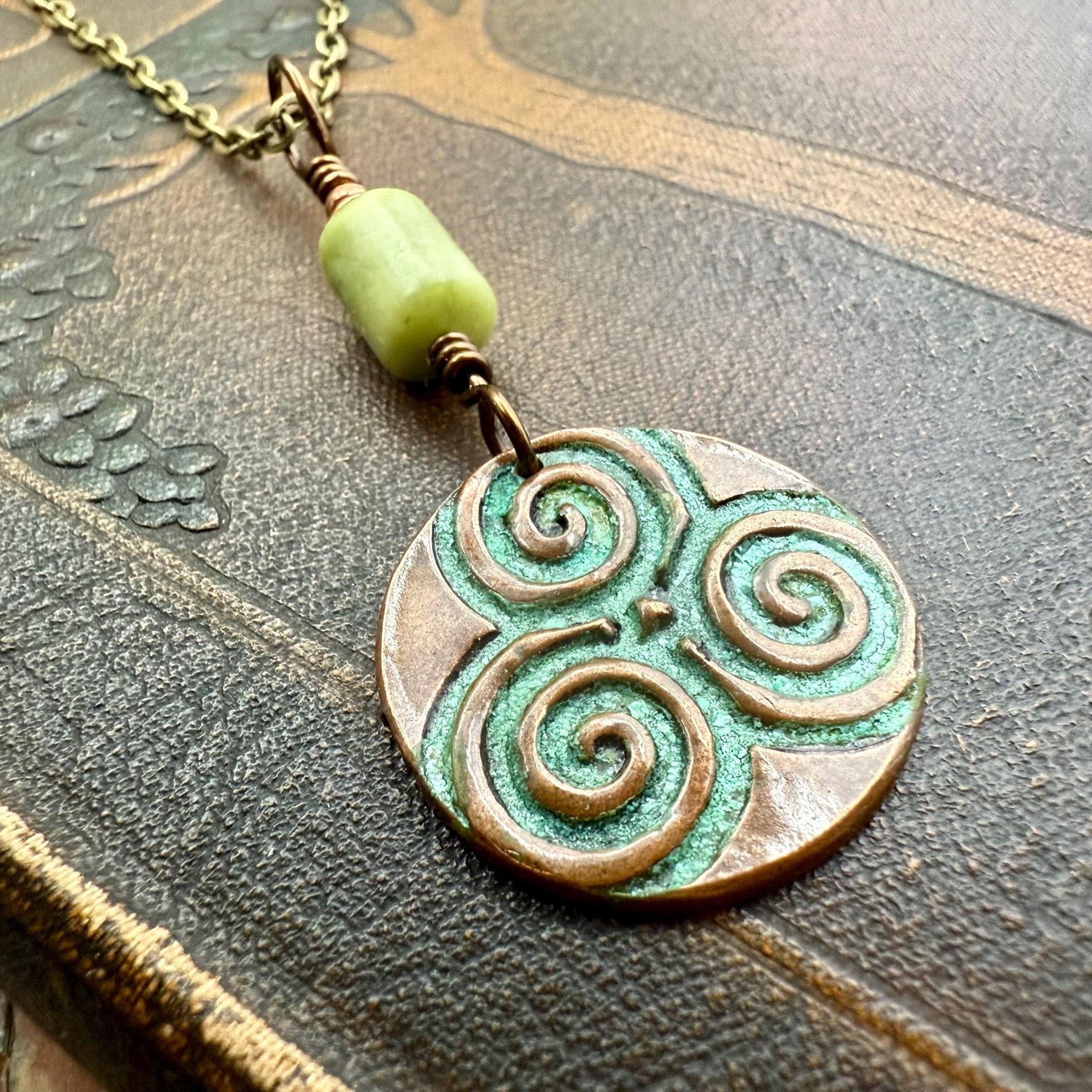 Triskele Copper Pendant, Verdigris Patina, Hand Carved, Connemara Marble, Triskelion Triple Spiral, Irish Celtic Pagan, Newgrange Ireland