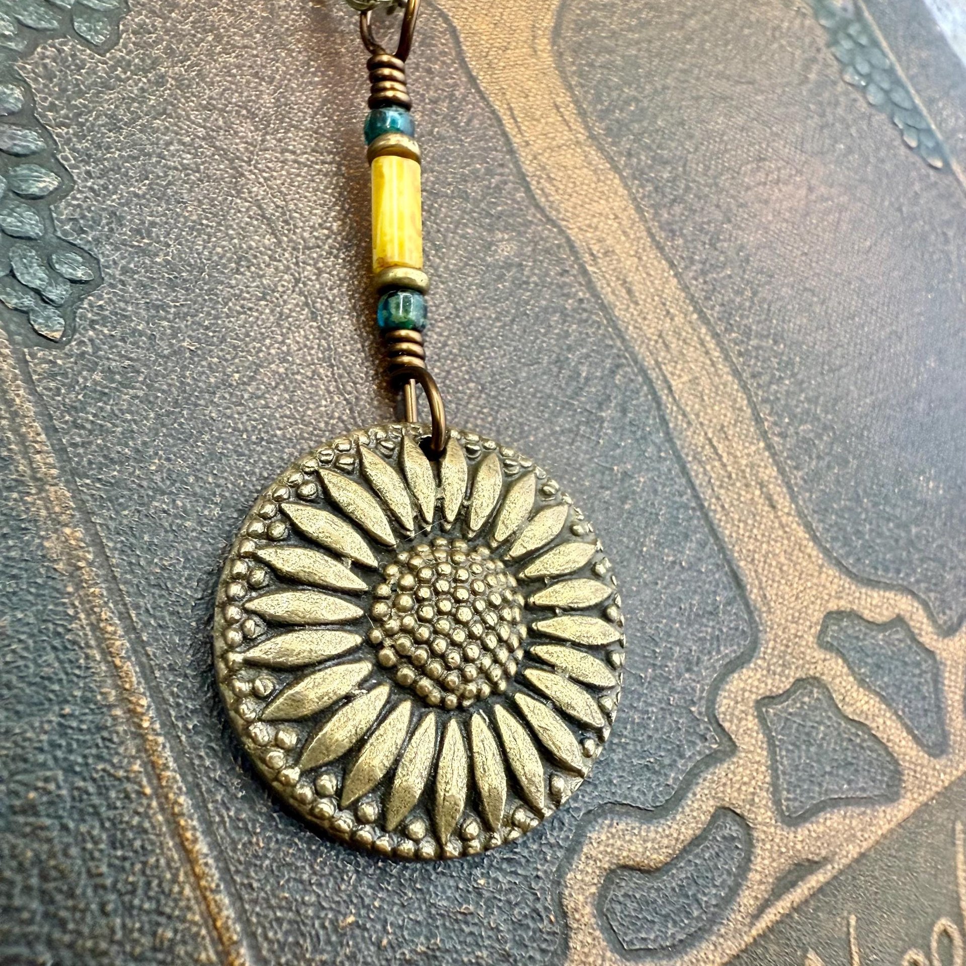 Sunflower Pendant, Bronze Jewelry, Ukraine Sunflower Necklace, Botanical Pendant, Green Witch, Leather & Vegan Cords, Handmade Earthy Gifts