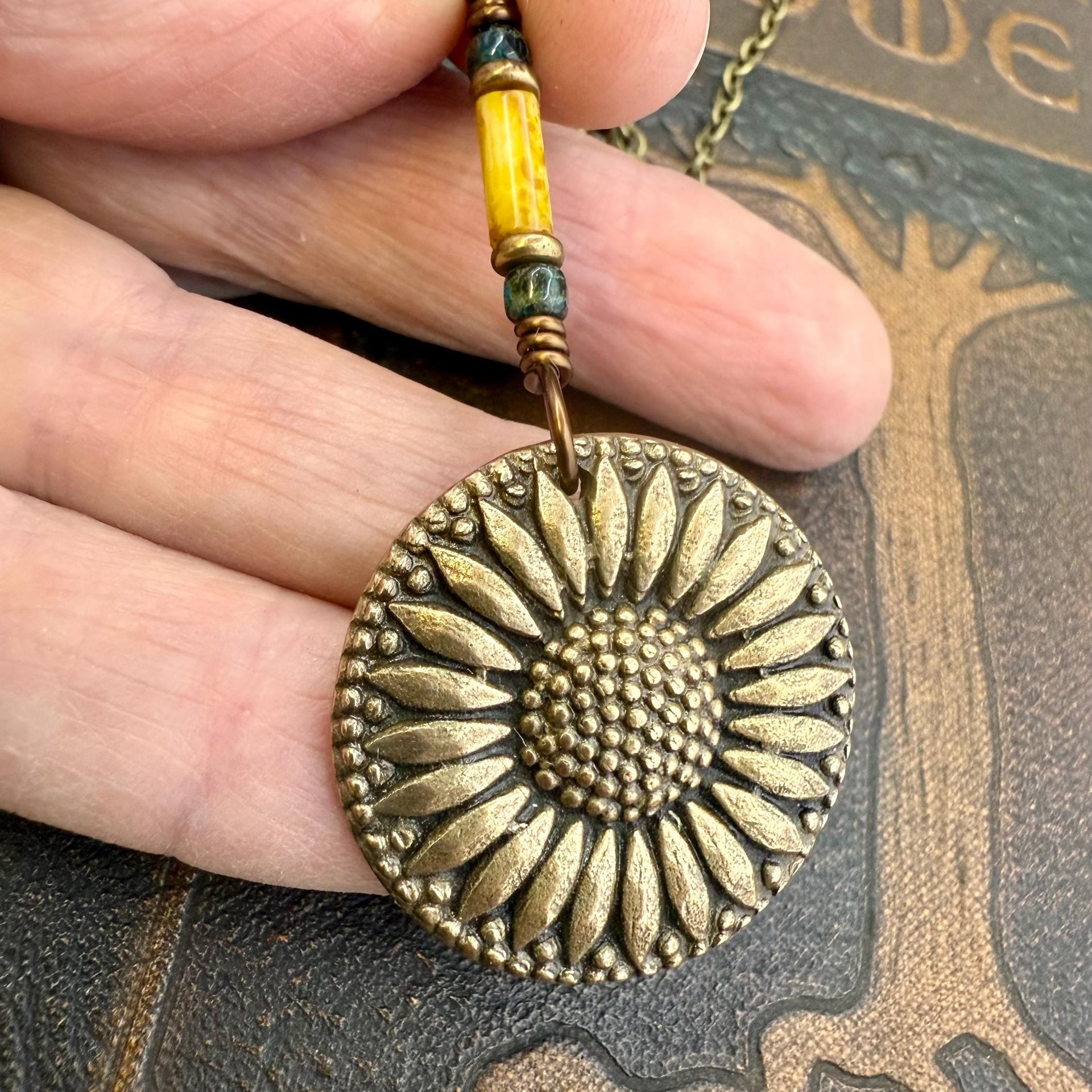 Sunflower Pendant, Bronze Jewelry, Ukraine Sunflower Necklace, Botanical Pendant, Green Witch, Leather & Vegan Cords, Handmade Earthy Gifts