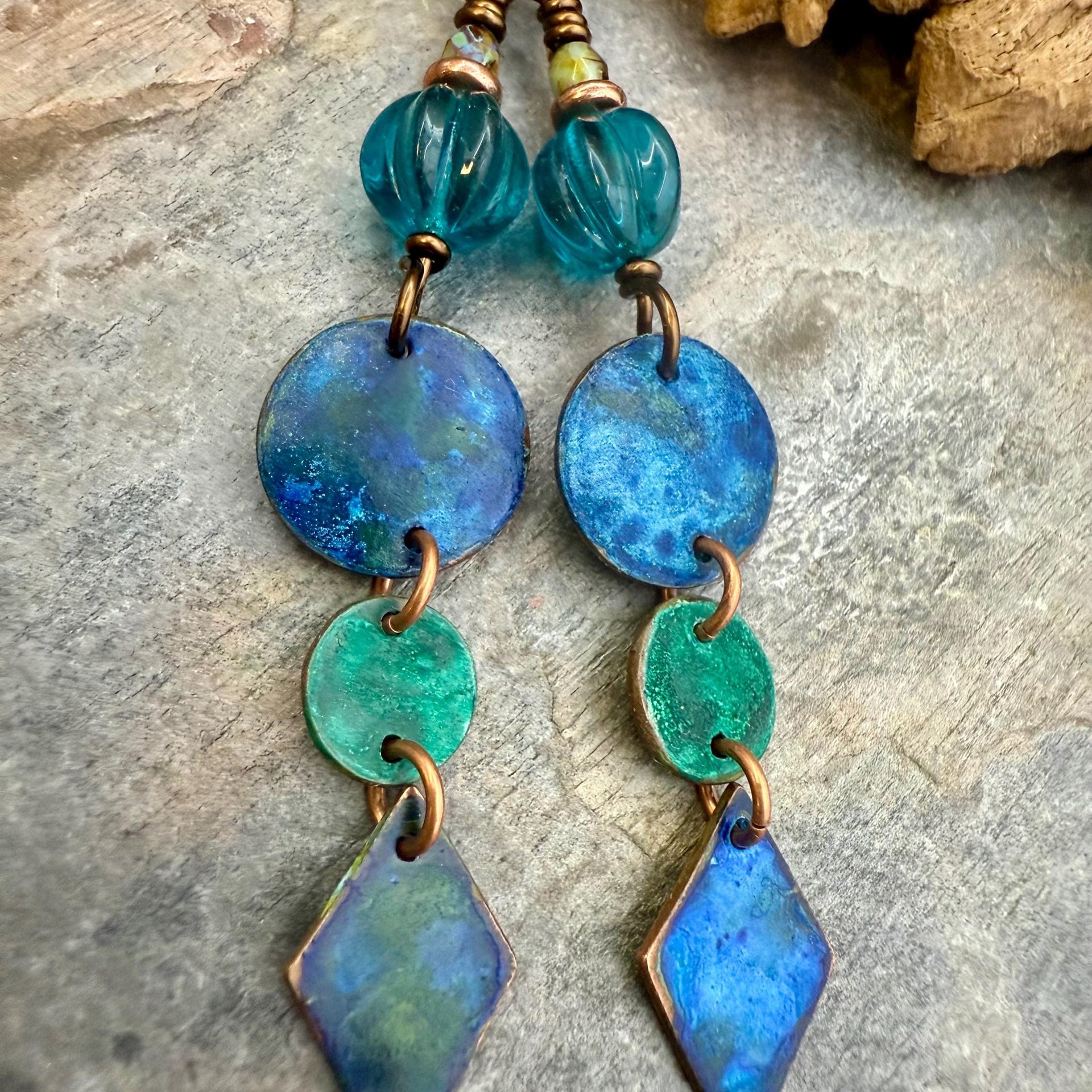 Copper Dangle Earrings, Patina Color, Czech Glass Beads, Hypoallergenic Ear Wires, Earthy Tribal, Boho Chic Style, Disc Drop Earrings