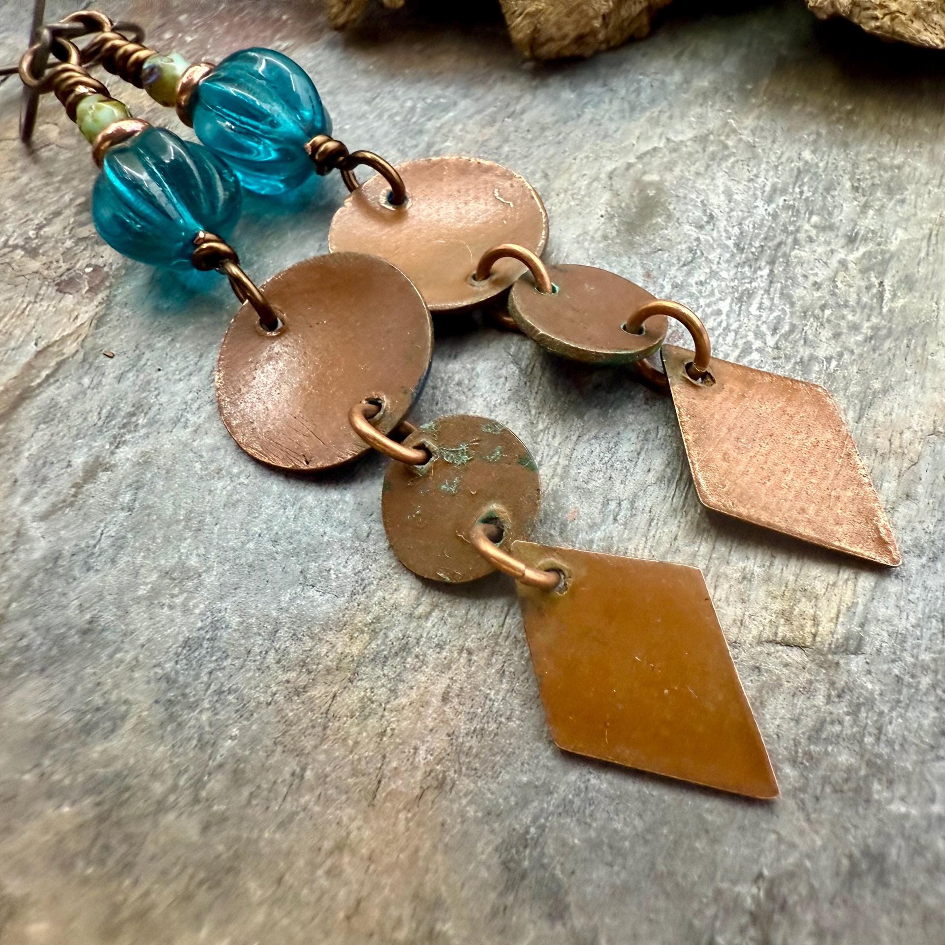 Copper Dangle Earrings, Patina Color, Czech Glass Beads, Hypoallergenic Ear Wires, Earthy Tribal, Boho Chic Style, Disc Drop Earrings