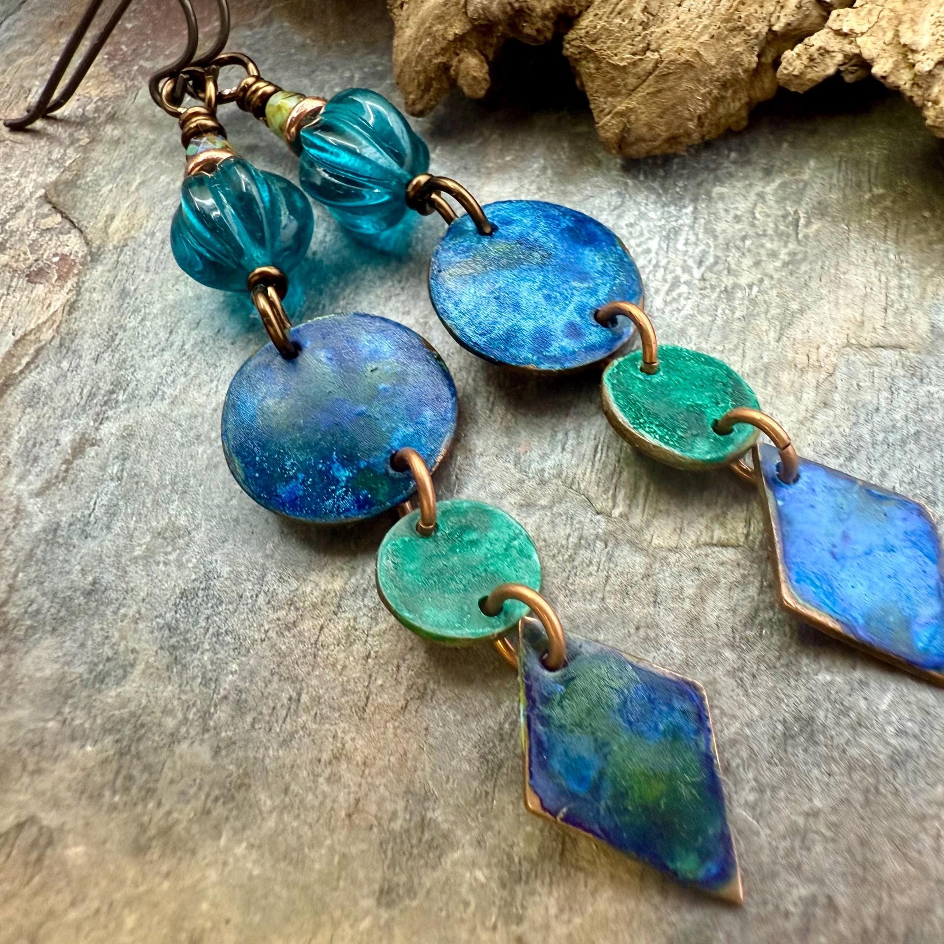 Copper Dangle Earrings, Patina Color, Czech Glass Beads, Hypoallergenic Ear Wires, Earthy Tribal, Boho Chic Style, Disc Drop Earrings