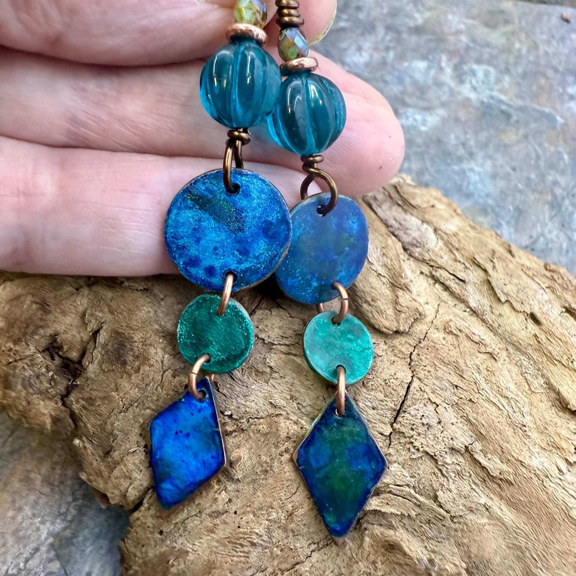 Copper Dangle Earrings, Patina Color, Czech Glass Beads, Hypoallergenic Ear Wires, Earthy Tribal, Boho Chic Style, Disc Drop Earrings