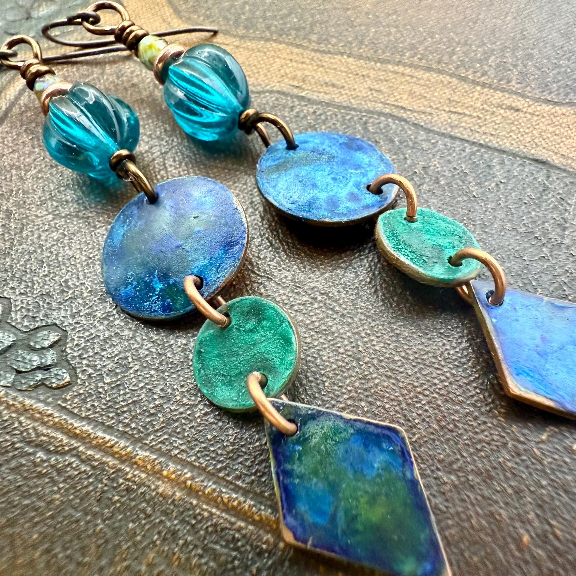 Copper Dangle Earrings, Patina Color, Czech Glass Beads, Hypoallergenic Ear Wires, Earthy Tribal, Boho Chic Style, Disc Drop Earrings