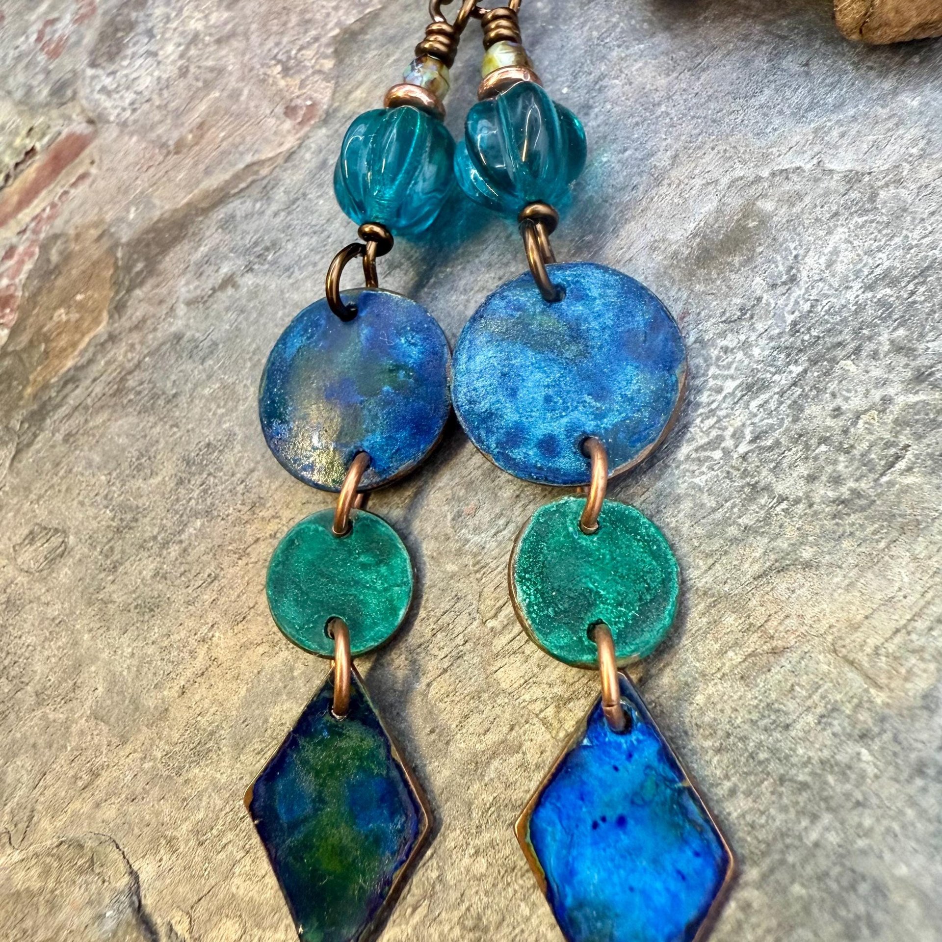 Copper Dangle Earrings, Patina Color, Czech Glass Beads, Hypoallergenic Ear Wires, Earthy Tribal, Boho Chic Style, Disc Drop Earrings