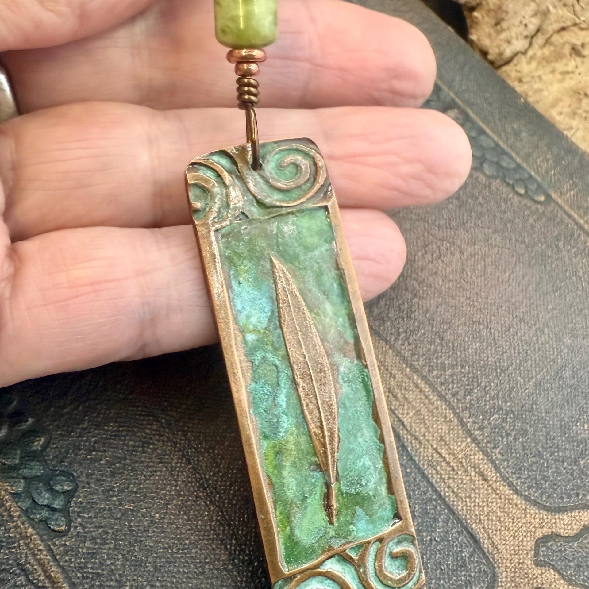 Willow Leaf Copper Pendant, Connemara Marble Bead, Verdigris Patina, Irish Celtic Spirals, Sacred Celtic Tree Astrology, Green Celtic Witch