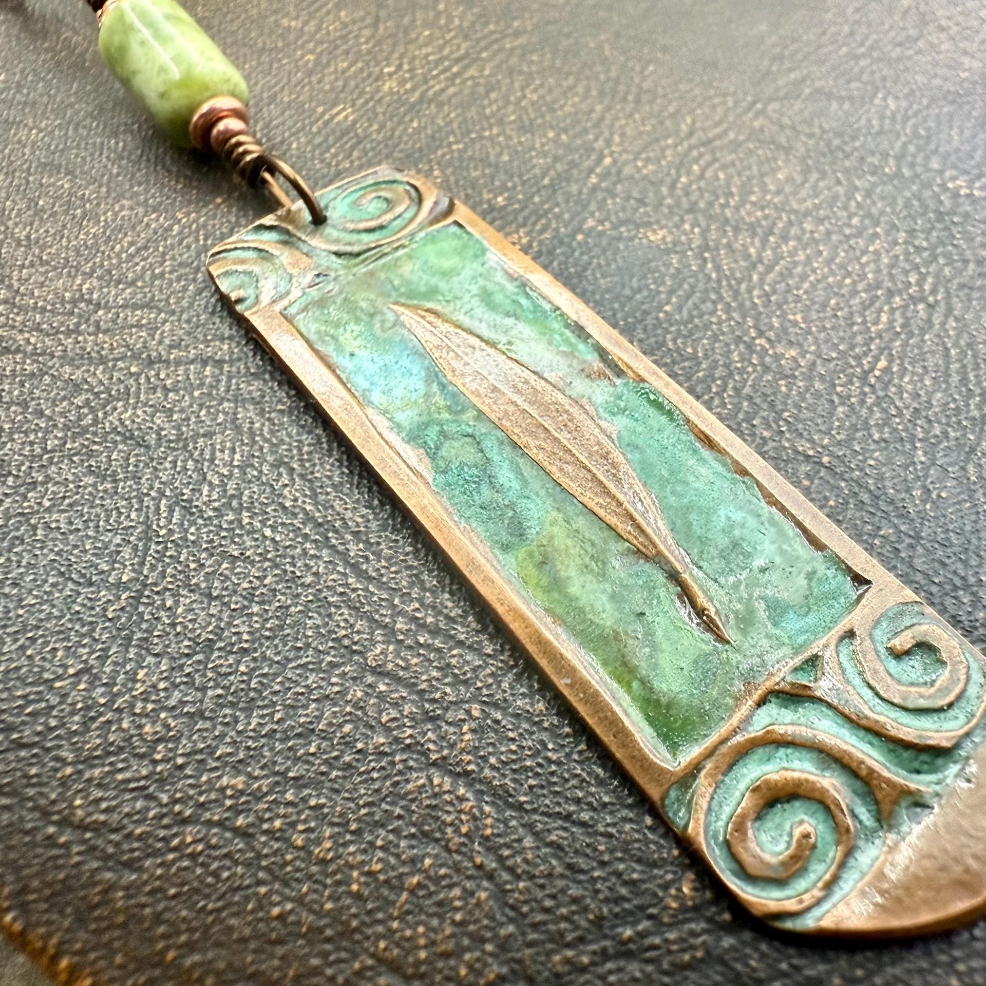 Willow Leaf Copper Pendant, Connemara Marble Bead, Verdigris Patina, Irish Celtic Spirals, Sacred Celtic Tree Astrology, Green Celtic Witch