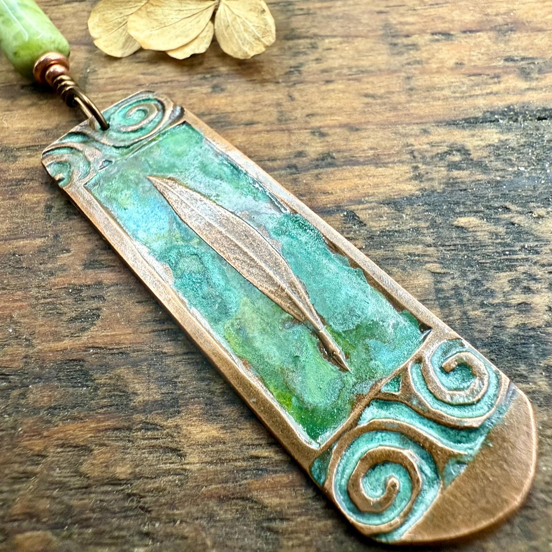 Willow Leaf Copper Pendant, Connemara Marble Bead, Verdigris Patina, Irish Celtic Spirals, Sacred Celtic Tree Astrology, Green Celtic Witch