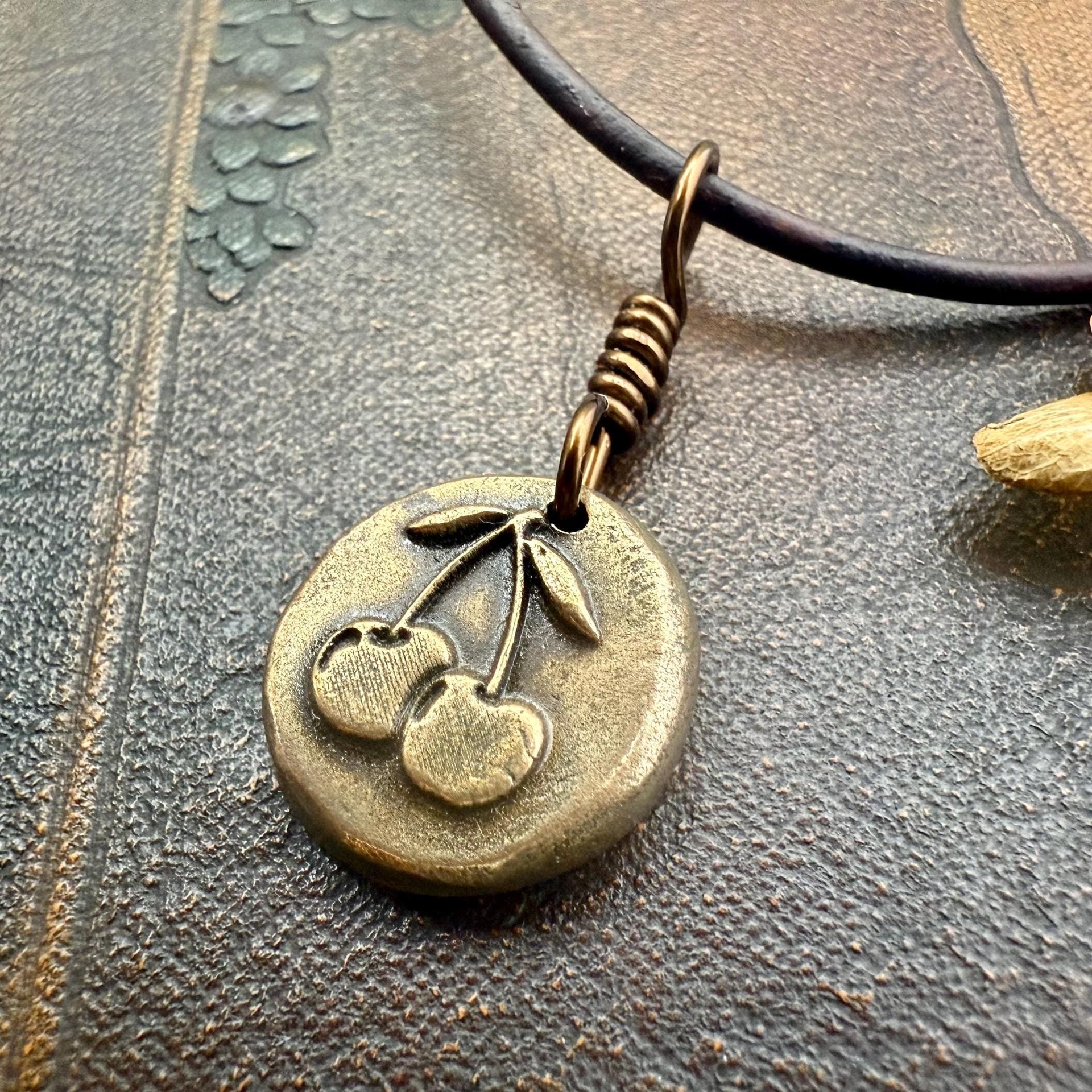 Bronze Cherry Charm, Door County Cherries, Handmade Bronze, Leather Vegan Cords, Wisconsin Cherry Trees, Souvenir Talisman of Door County