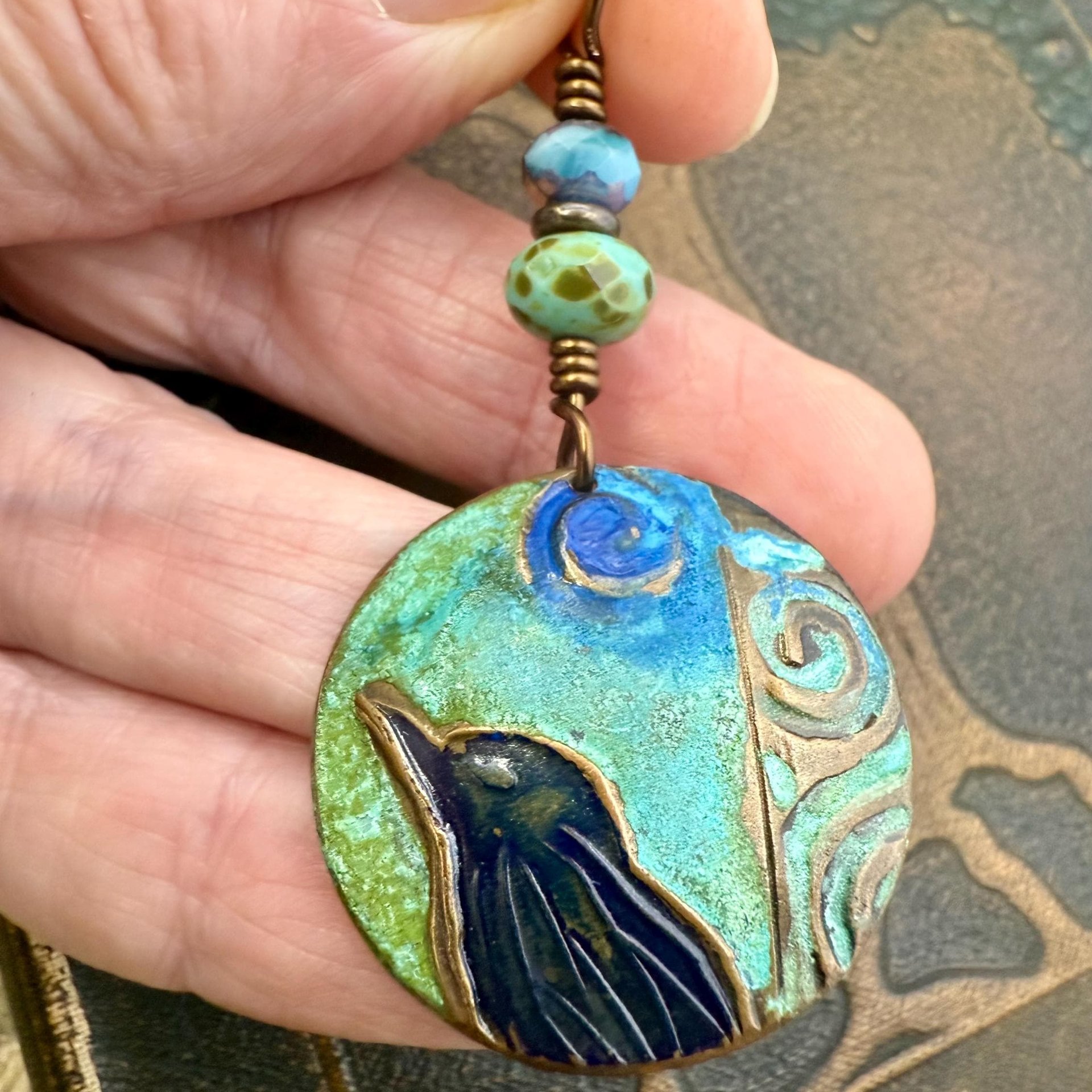 Copper Raven Pendant, Colorful Patina, Czech Glass Beads, Hand Carved, Irish Celtic Spirals, Celtic Witch Goddess, Crow Corvid Birds, Earthy
