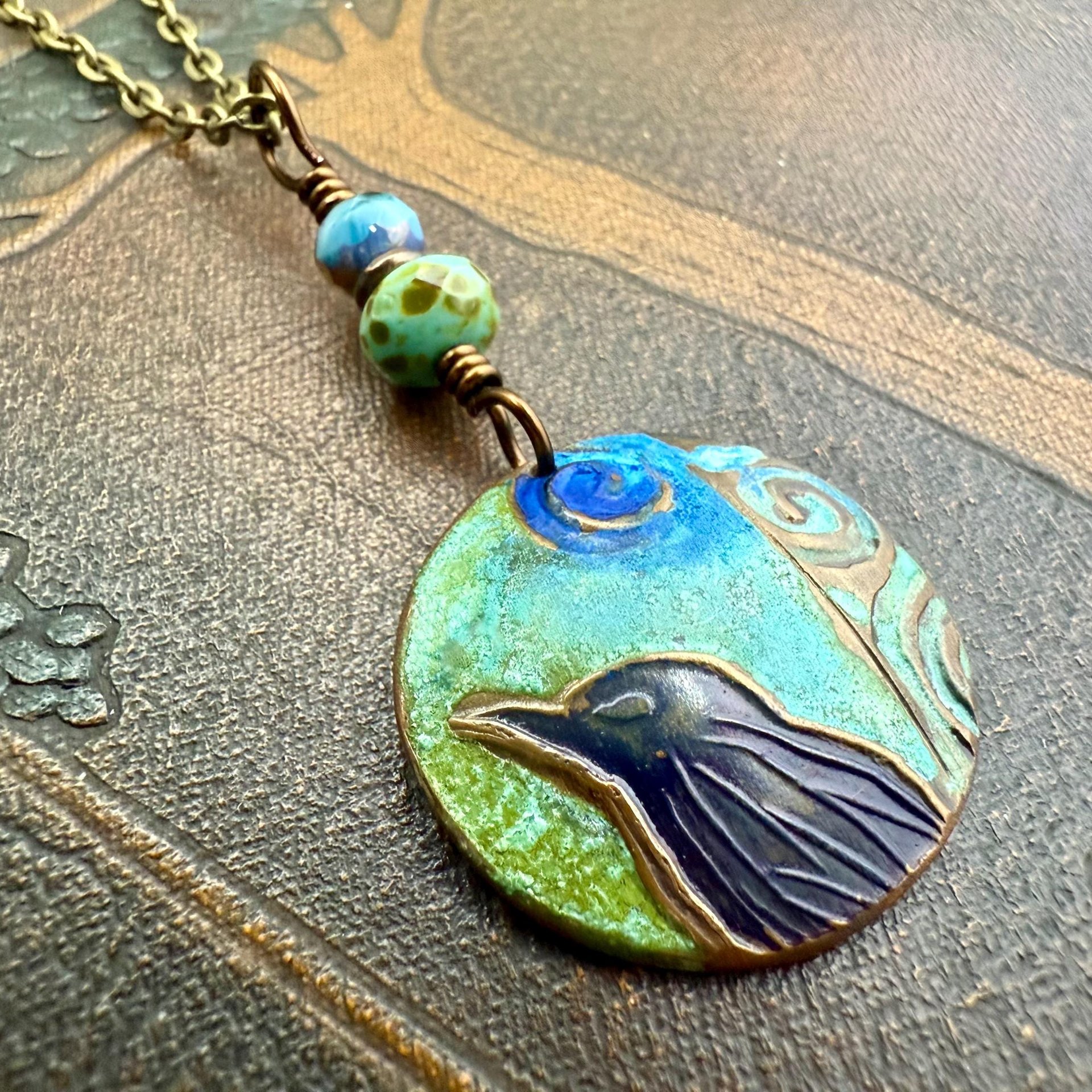 Copper Raven Pendant, Colorful Patina, Czech Glass Beads, Hand Carved, Irish Celtic Spirals, Celtic Witch Goddess, Crow Corvid Birds, Earthy