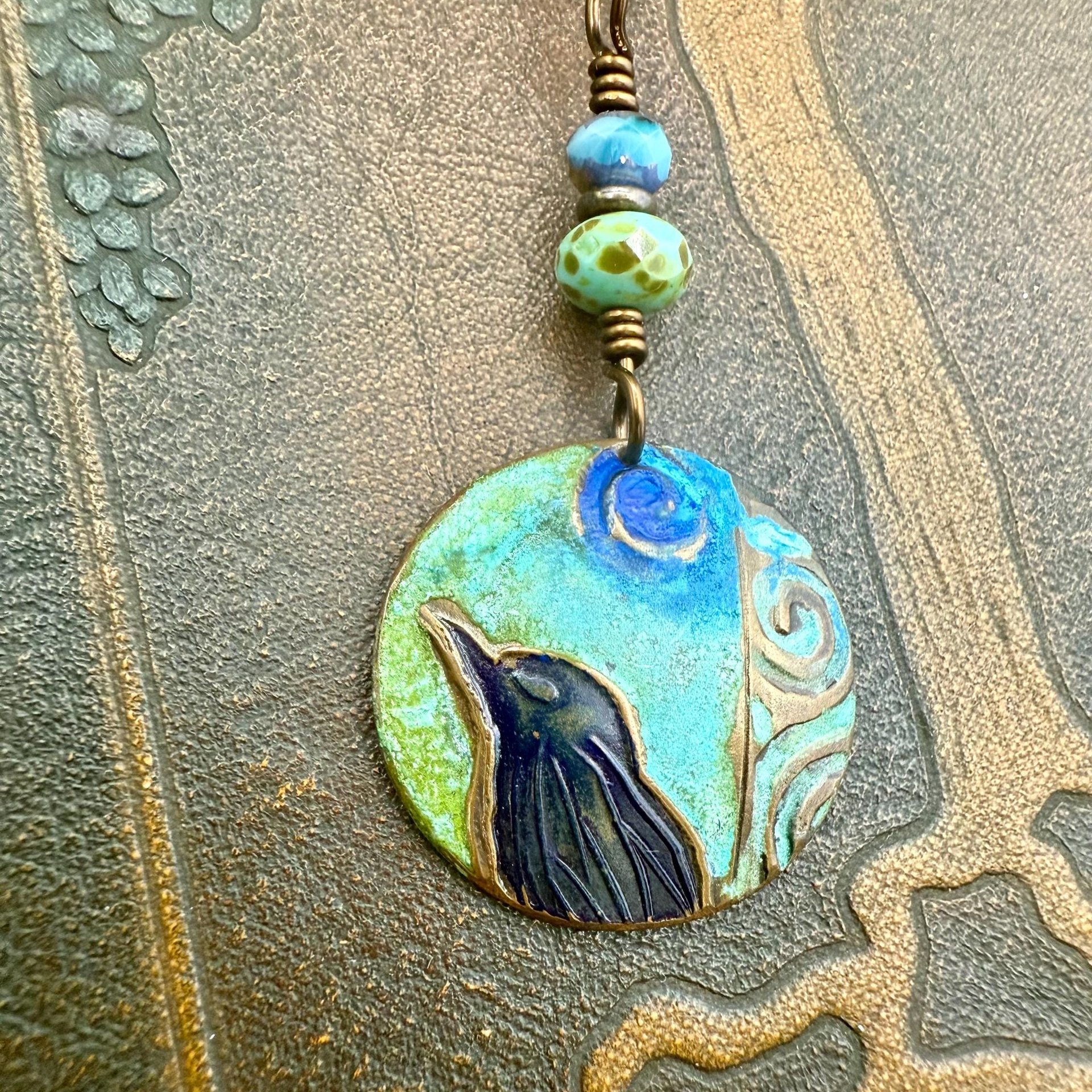 Copper Raven Pendant, Colorful Patina, Czech Glass Beads, Hand Carved, Irish Celtic Spirals, Celtic Witch Goddess, Crow Corvid Birds, Earthy