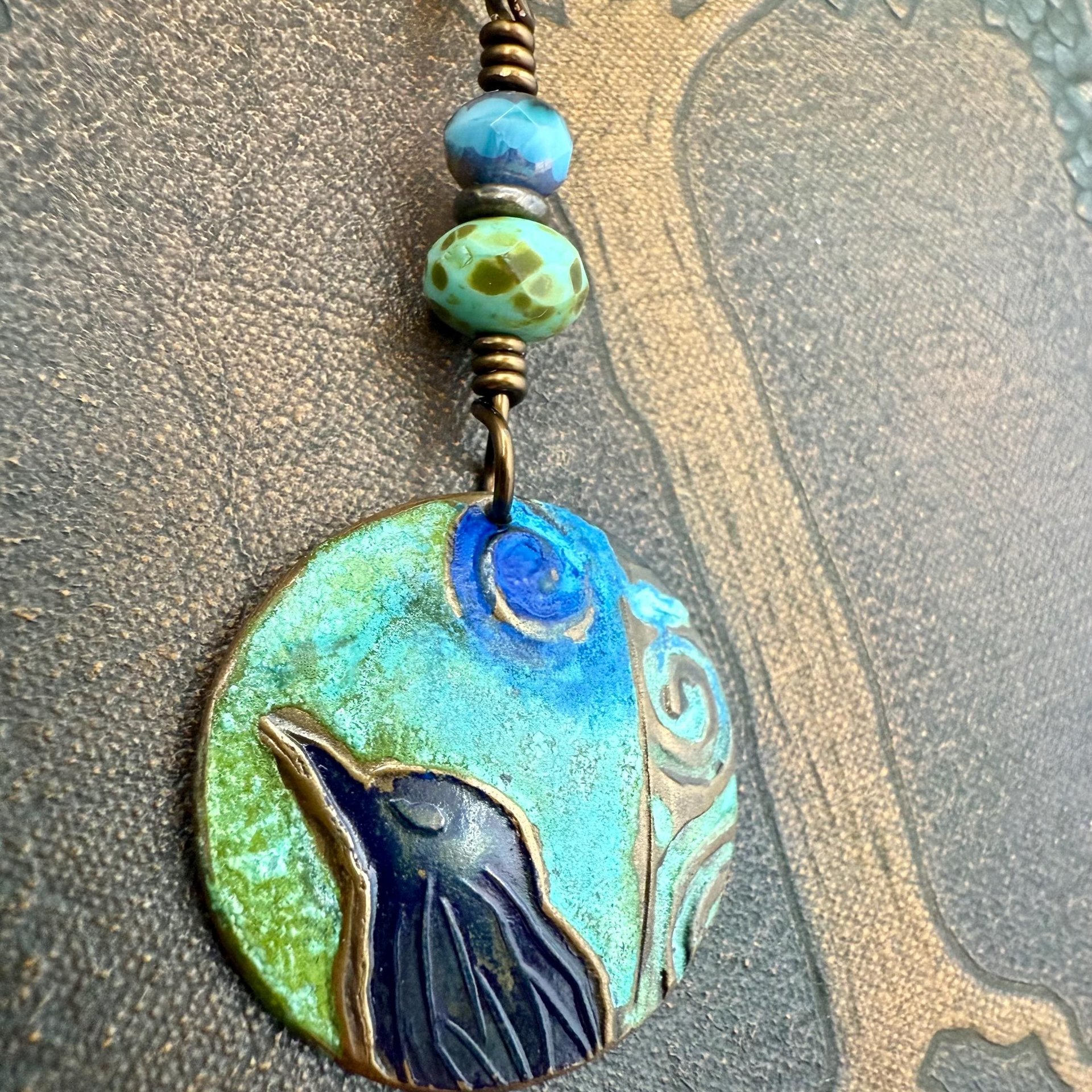 Copper Raven Pendant, Colorful Patina, Czech Glass Beads, Hand Carved, Irish Celtic Spirals, Celtic Witch Goddess, Crow Corvid Birds, Earthy