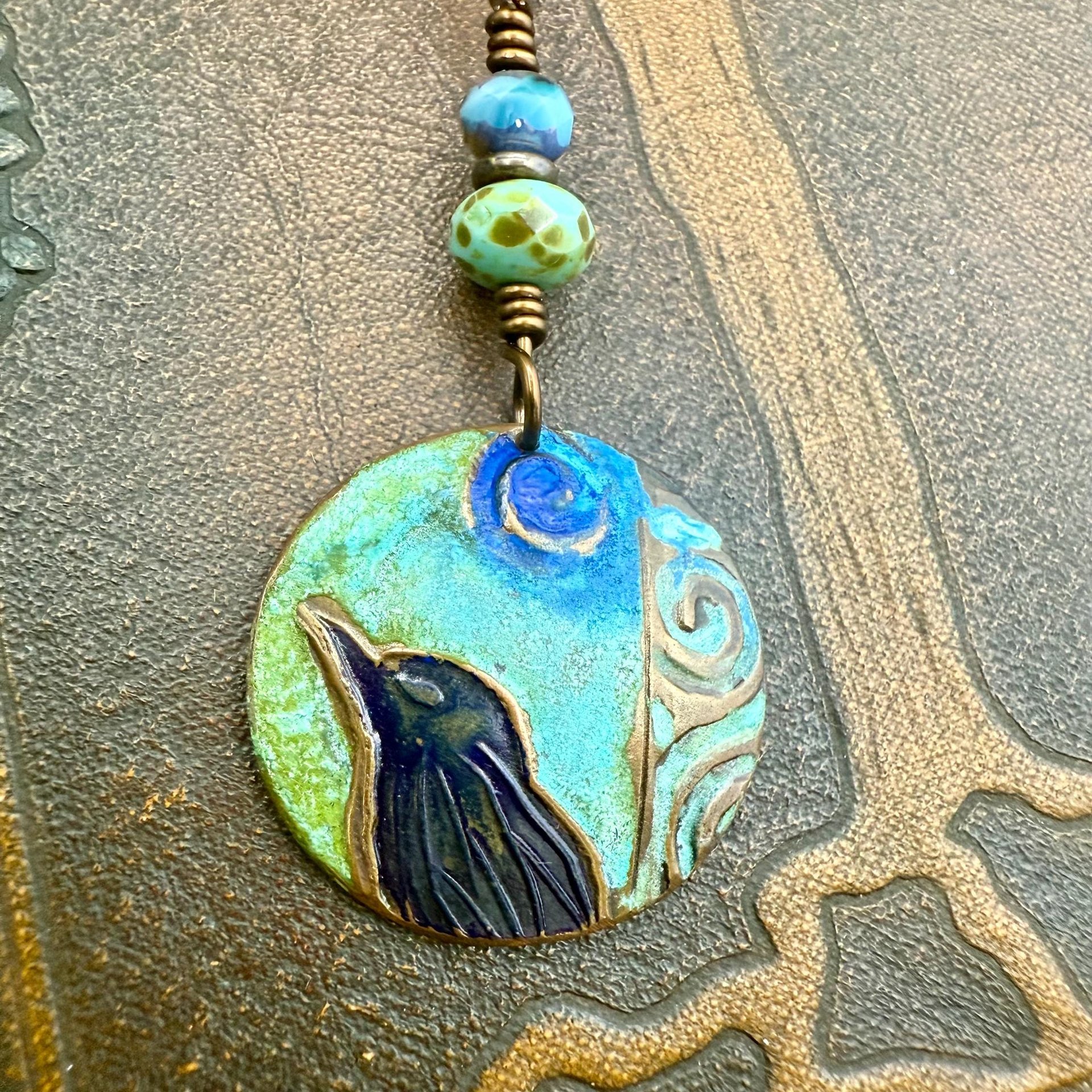 Copper Raven Pendant, Colorful Patina, Czech Glass Beads, Hand Carved, Irish Celtic Spirals, Celtic Witch Goddess, Crow Corvid Birds, Earthy