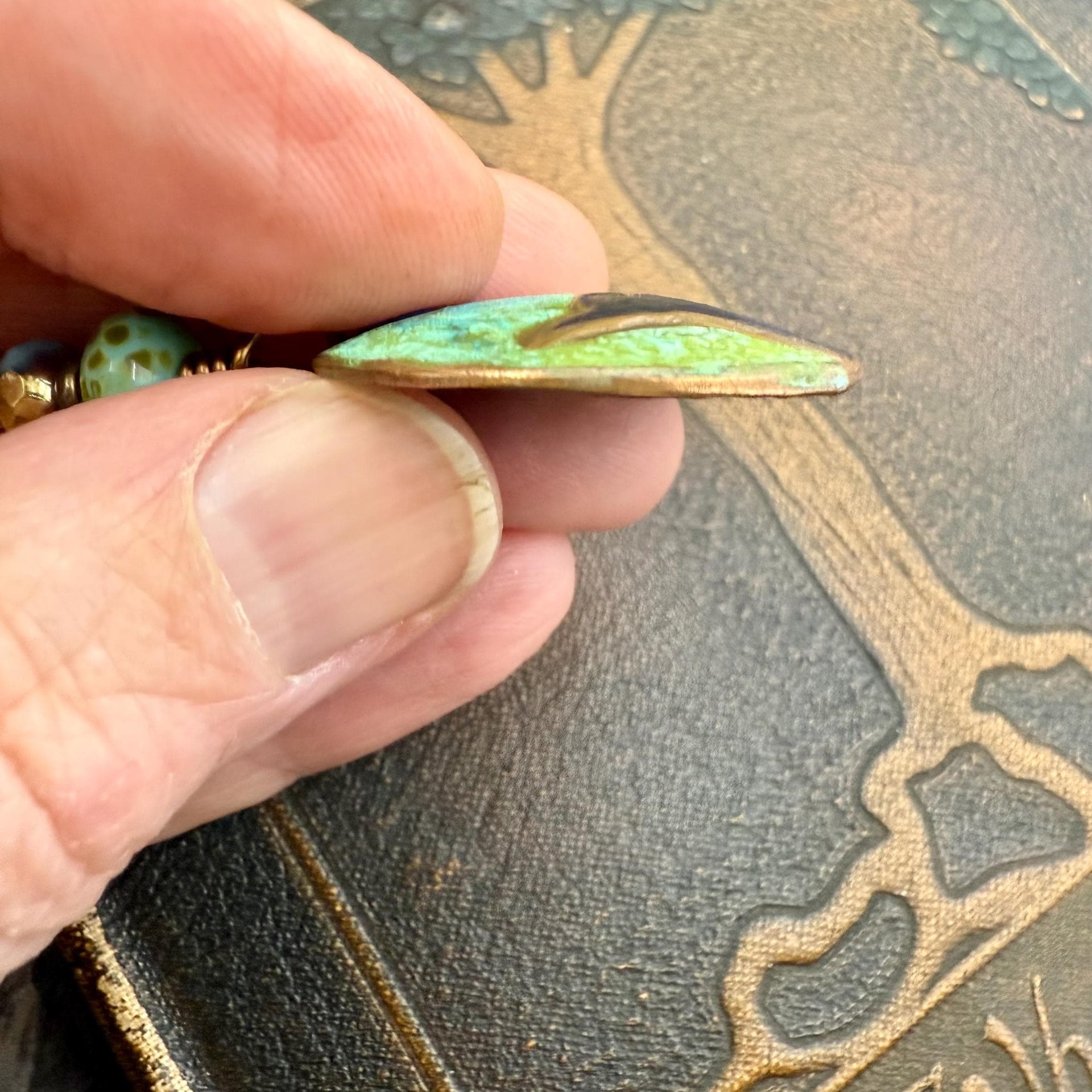 Copper Raven Pendant, Colorful Patina, Czech Glass Beads, Hand Carved, Irish Celtic Spirals, Celtic Witch Goddess, Crow Corvid Birds, Earthy