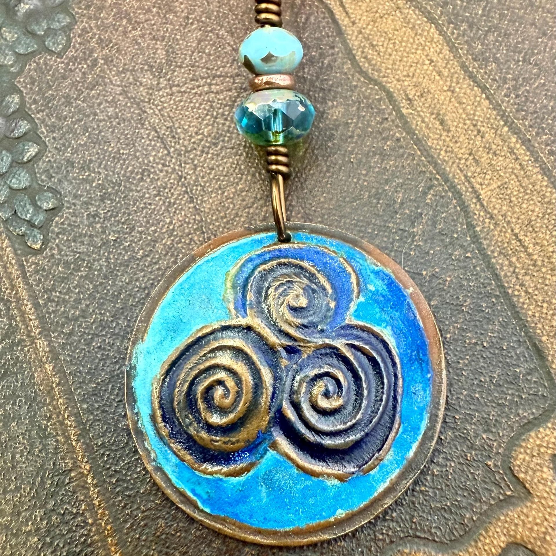 Newgrange Spirals, Copper Pendant, Czech Glass Beads, Triple Spiral, Irish Celtic Jewelry, Verdigris Patina, Blue Green Copper, Pagan Witch